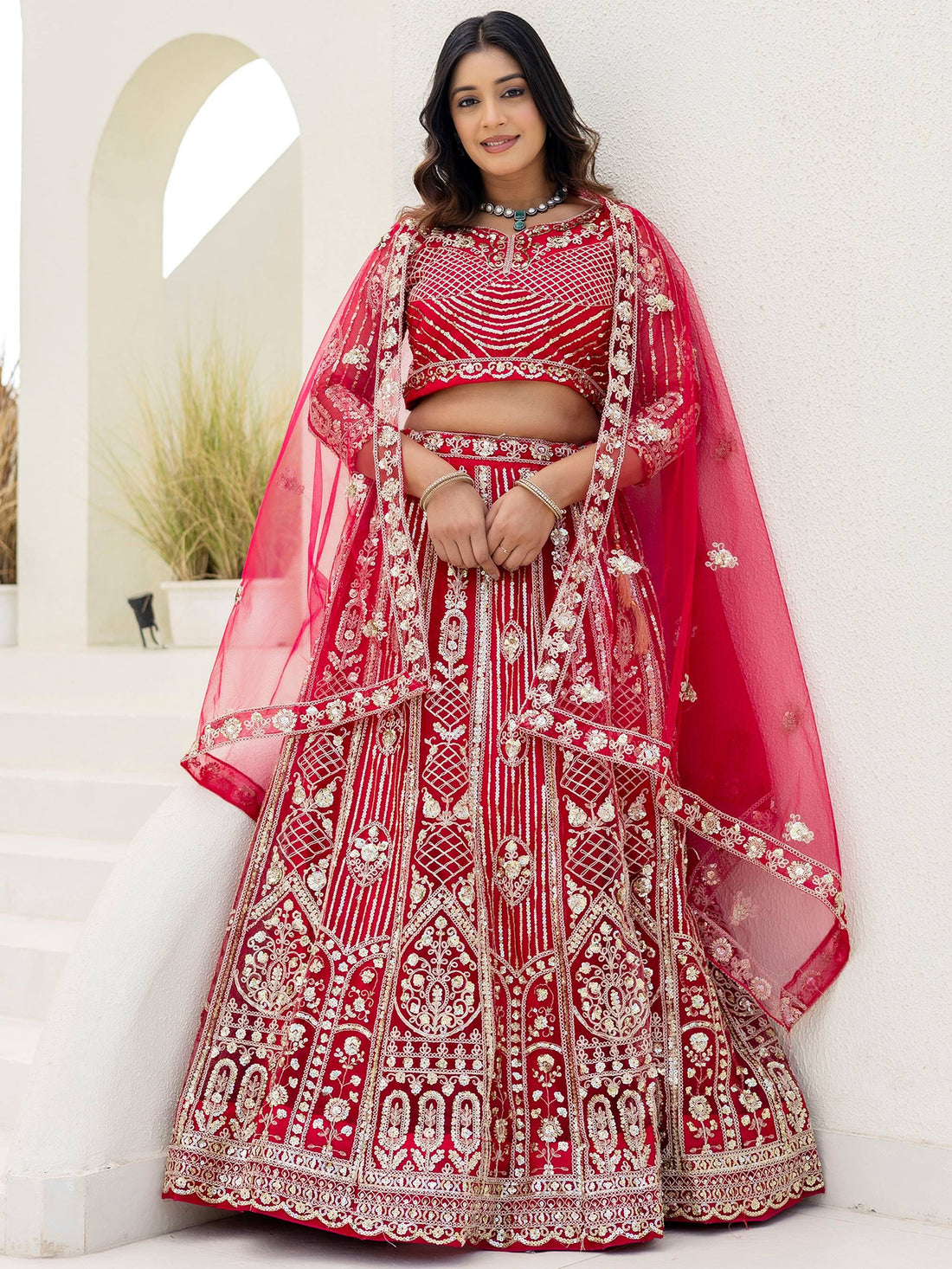 Lovable Red Sequins Net Reception Wear Lehenga Choli With Dupatta