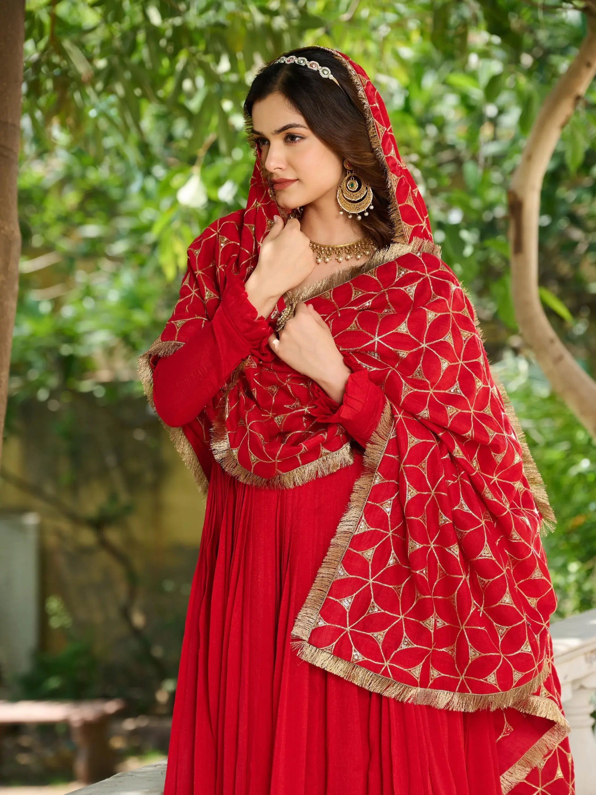 Lovable Red Sequins Vichitra Silk Wedding Wear Gown With Dupatta - Zeel Clothing