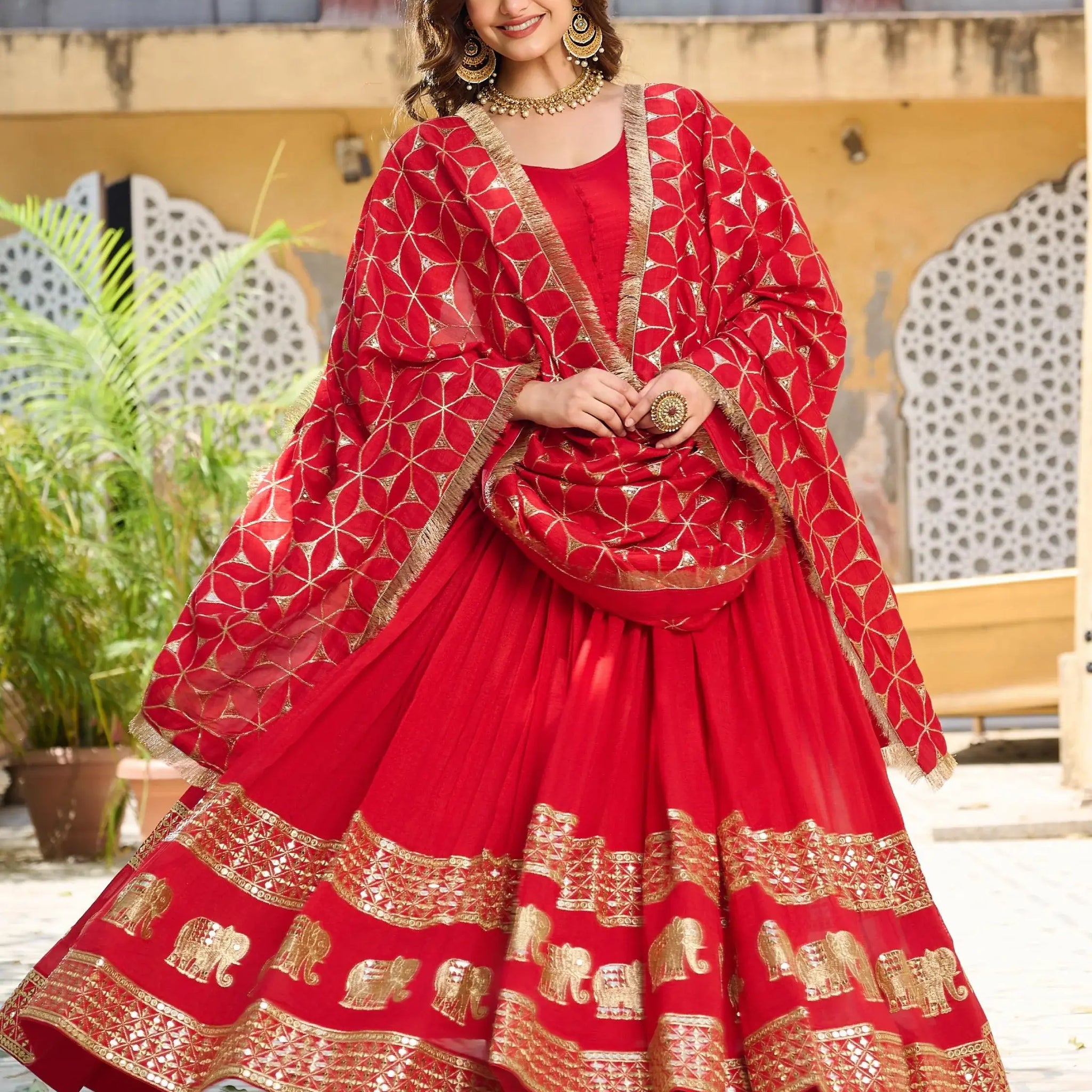 Lovable Red Sequins Vichitra Silk Wedding Wear Gown With Dupatta - Zeel Clothing