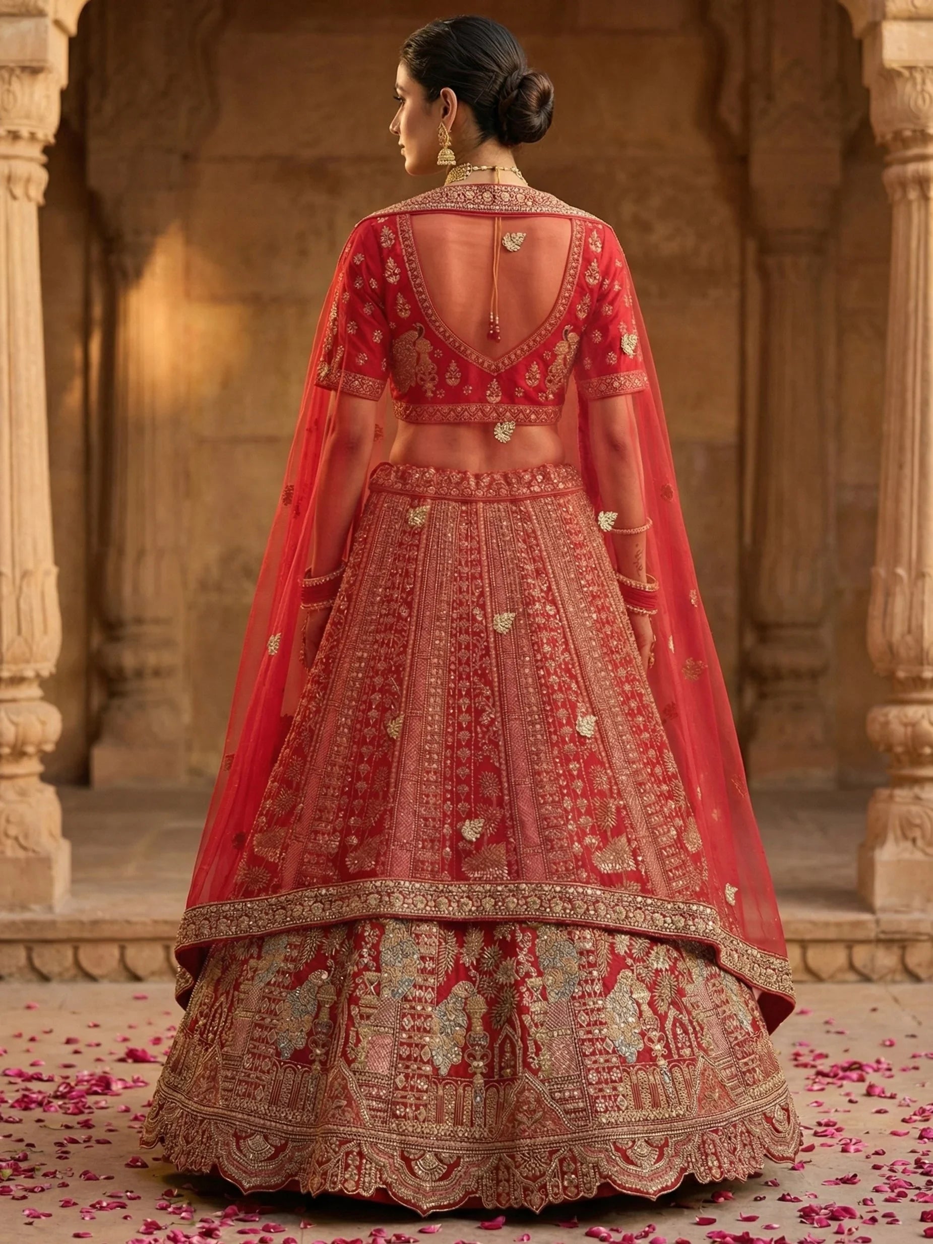 Lovable Red Thread Embroidered Silk Bridal Lehenga Choli With Double Dupatta