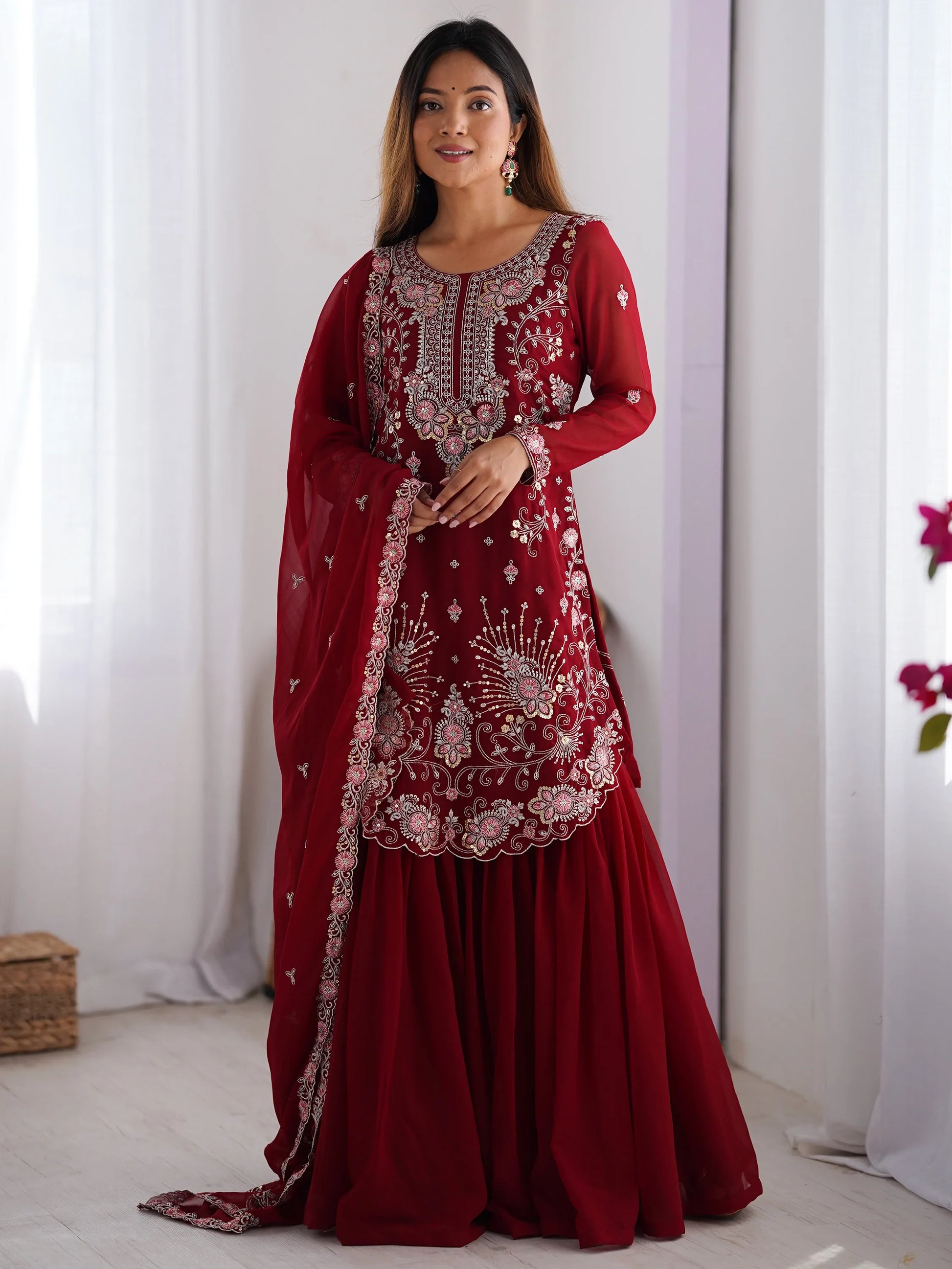 Lovable Red Thread Work Georgette Festival Wear Sharara Suit - Zeel Clothing