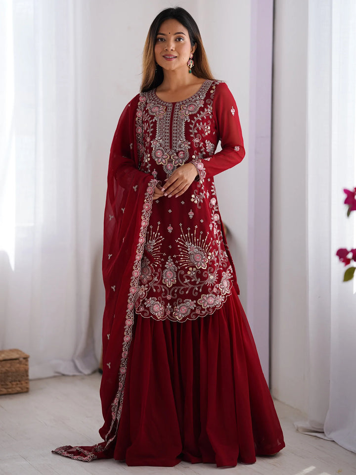 Lovable Red Thread Work Georgette Festival Wear Sharara Suit - Zeel Clothing