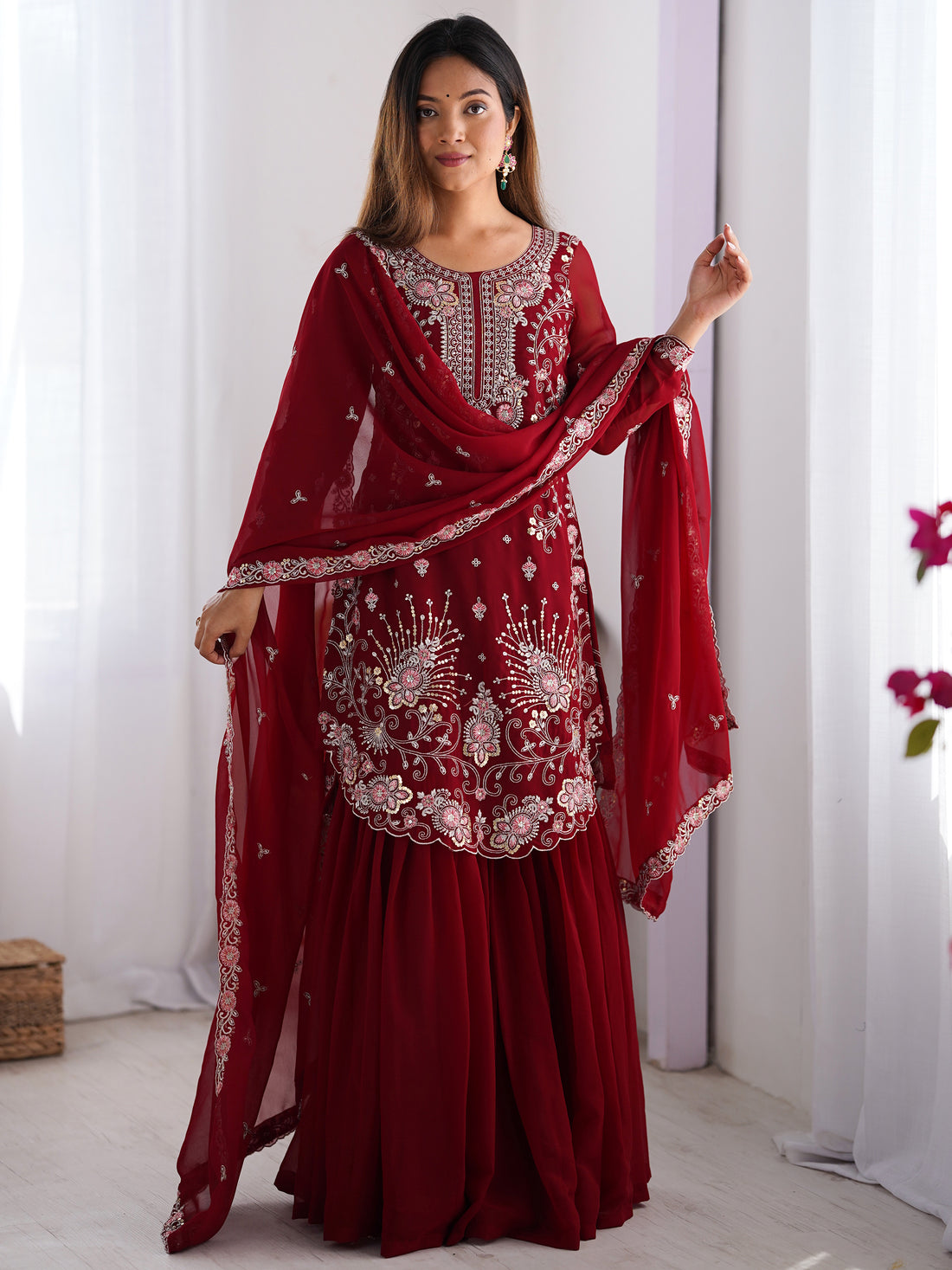 Lovable Red Thread Work Georgette Festival Wear Sharara Suit - Zeel Clothing