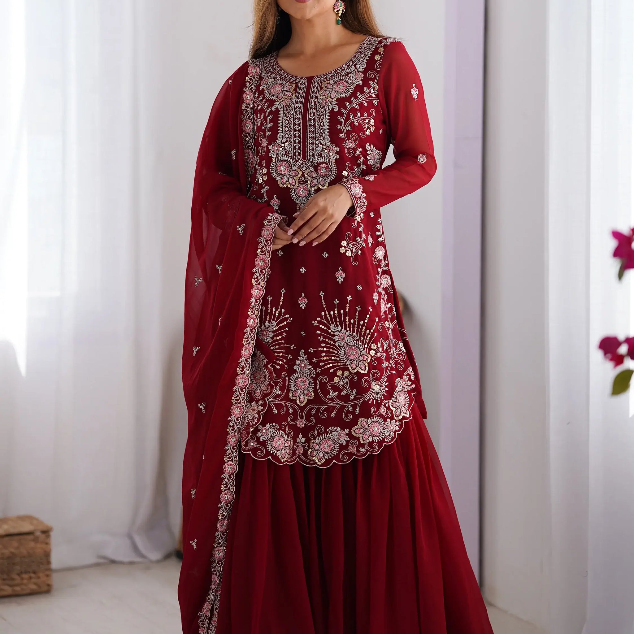 Lovable Red Thread Work Georgette Festival Wear Sharara Suit - Zeel Clothing