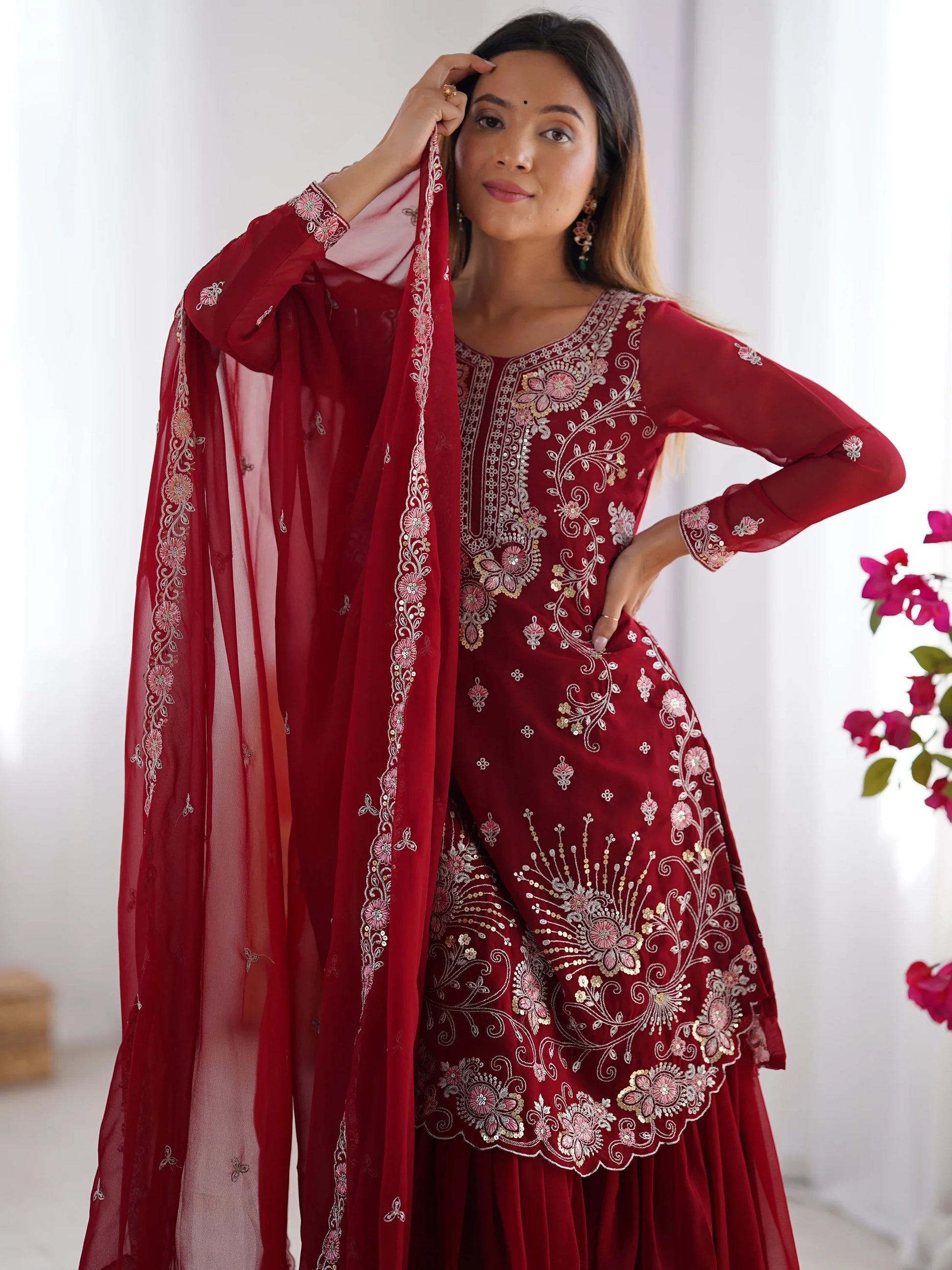 Lovable Red Thread Work Georgette Festival Wear Sharara Suit - Zeel Clothing