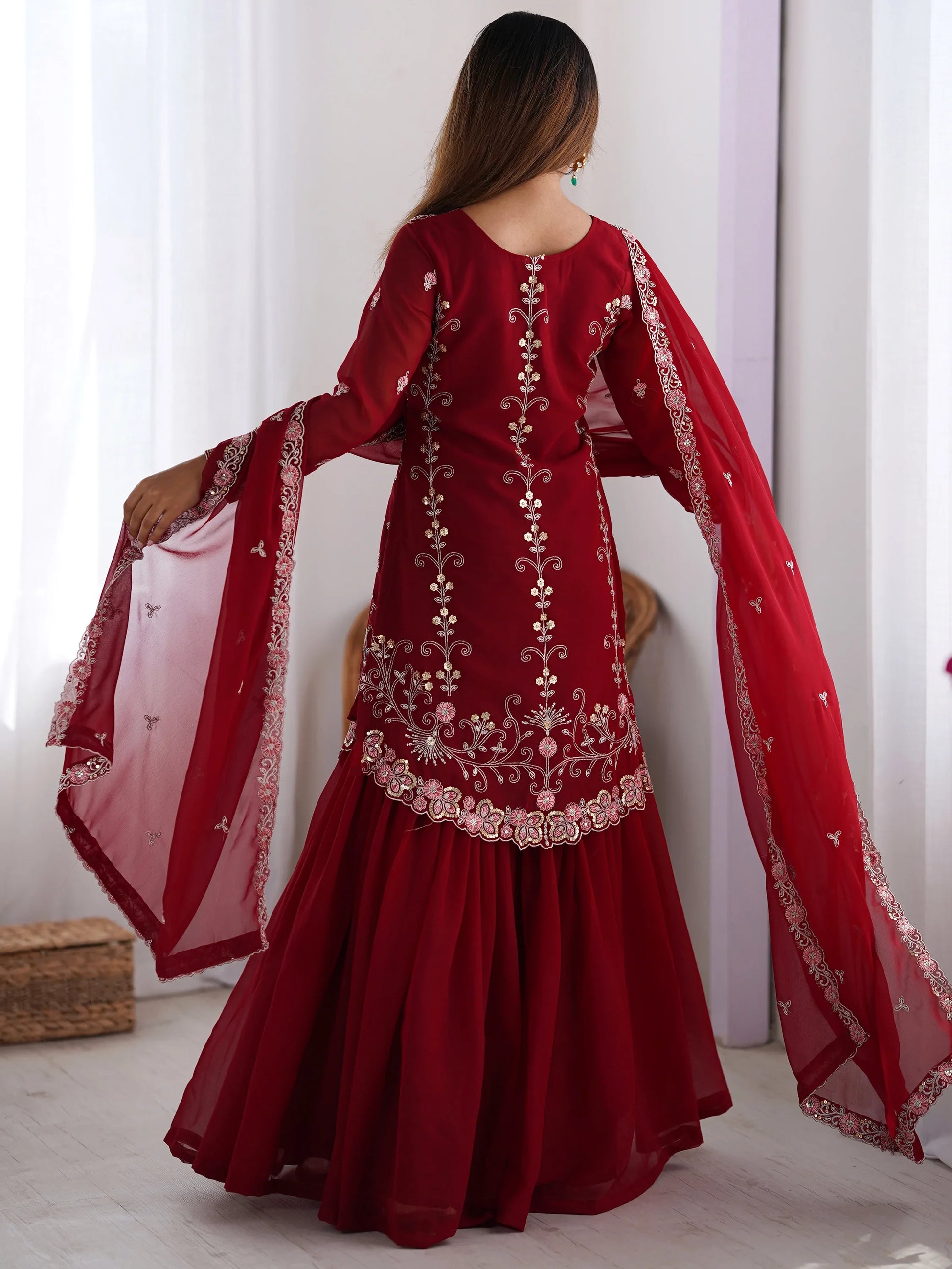 Lovable Red Thread Work Georgette Festival Wear Sharara Suit - Zeel Clothing