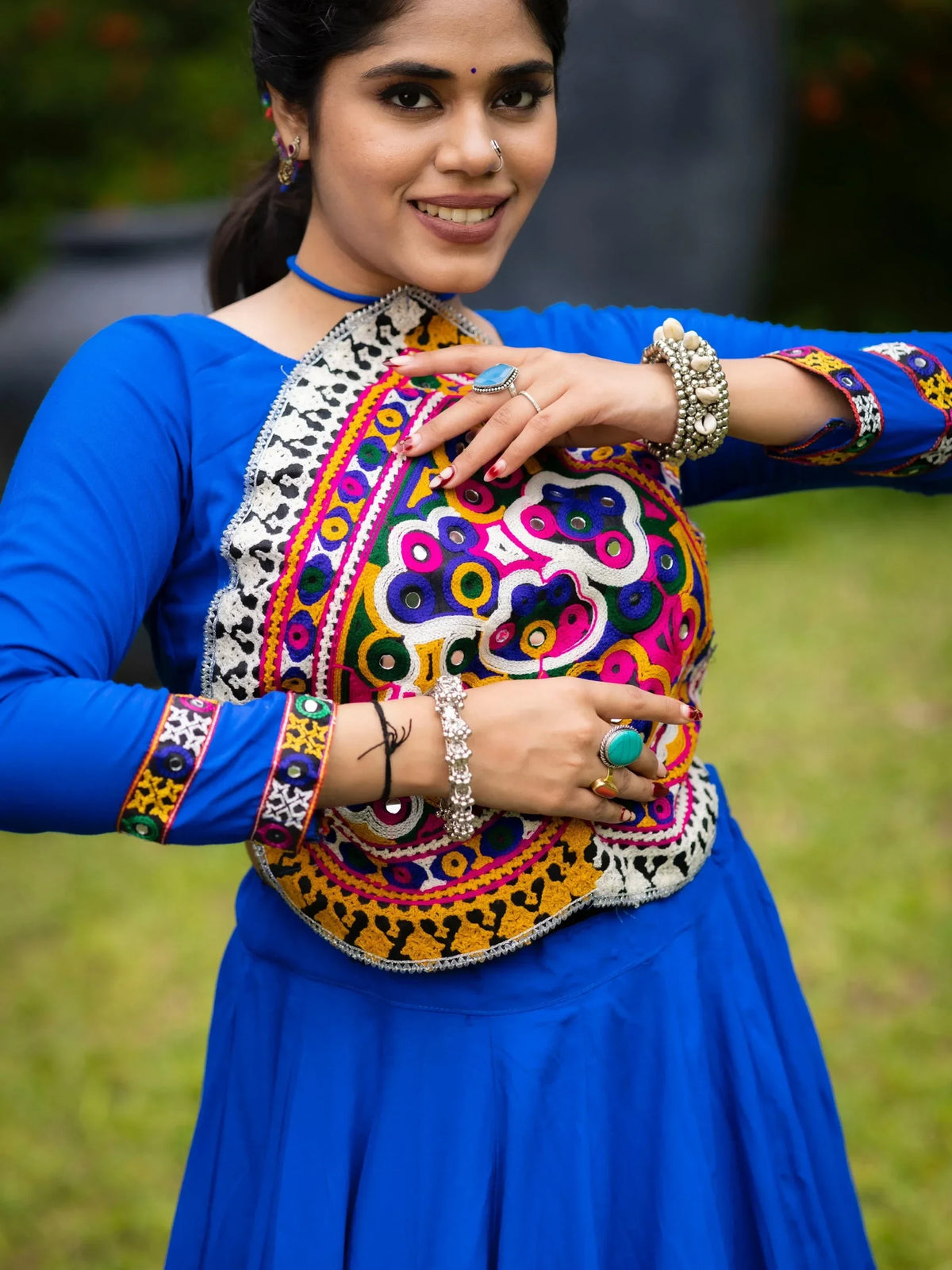 Lovable Royal Blue Rayon Navratri Special Lehenga With Patch Work Blouse - Zeel Clothing