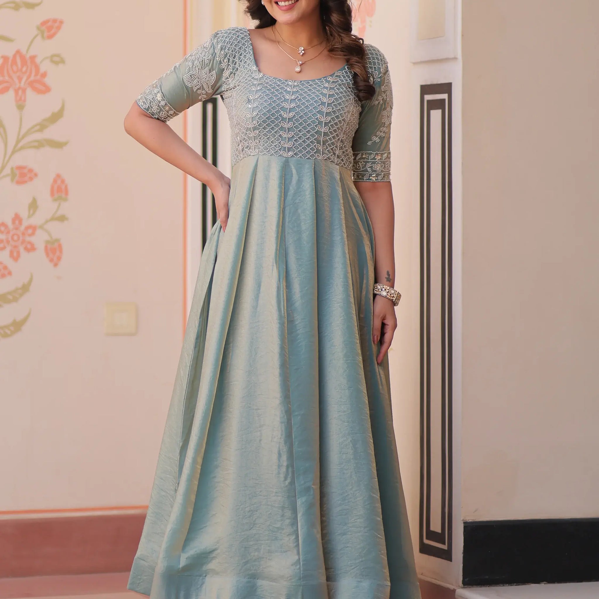 Lovable Sky-Blue Beads Work Organza Festival Wear Gown - Zeel Clothing