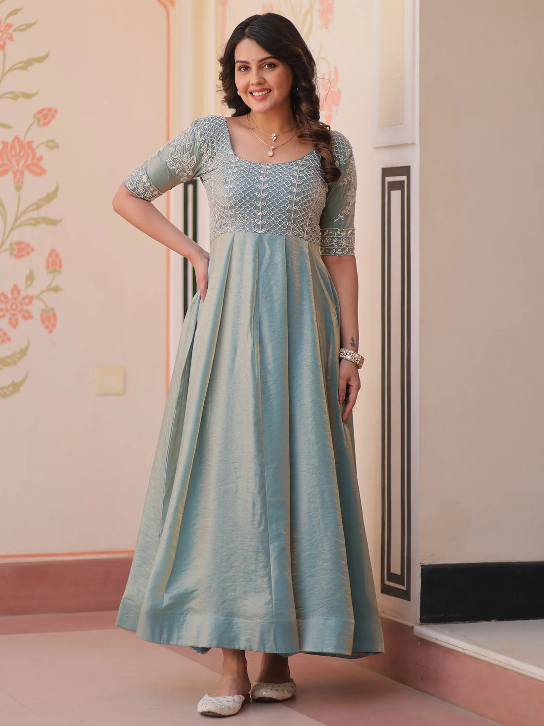 Lovable Sky-Blue Beads Work Organza Festival Wear Gown - Zeel Clothing