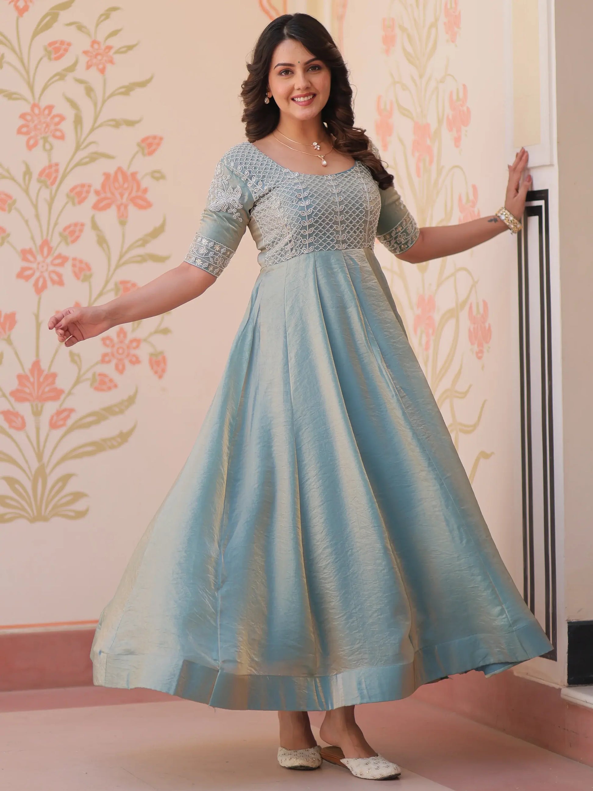 Lovable Sky-Blue Beads Work Organza Festival Wear Gown - Zeel Clothing