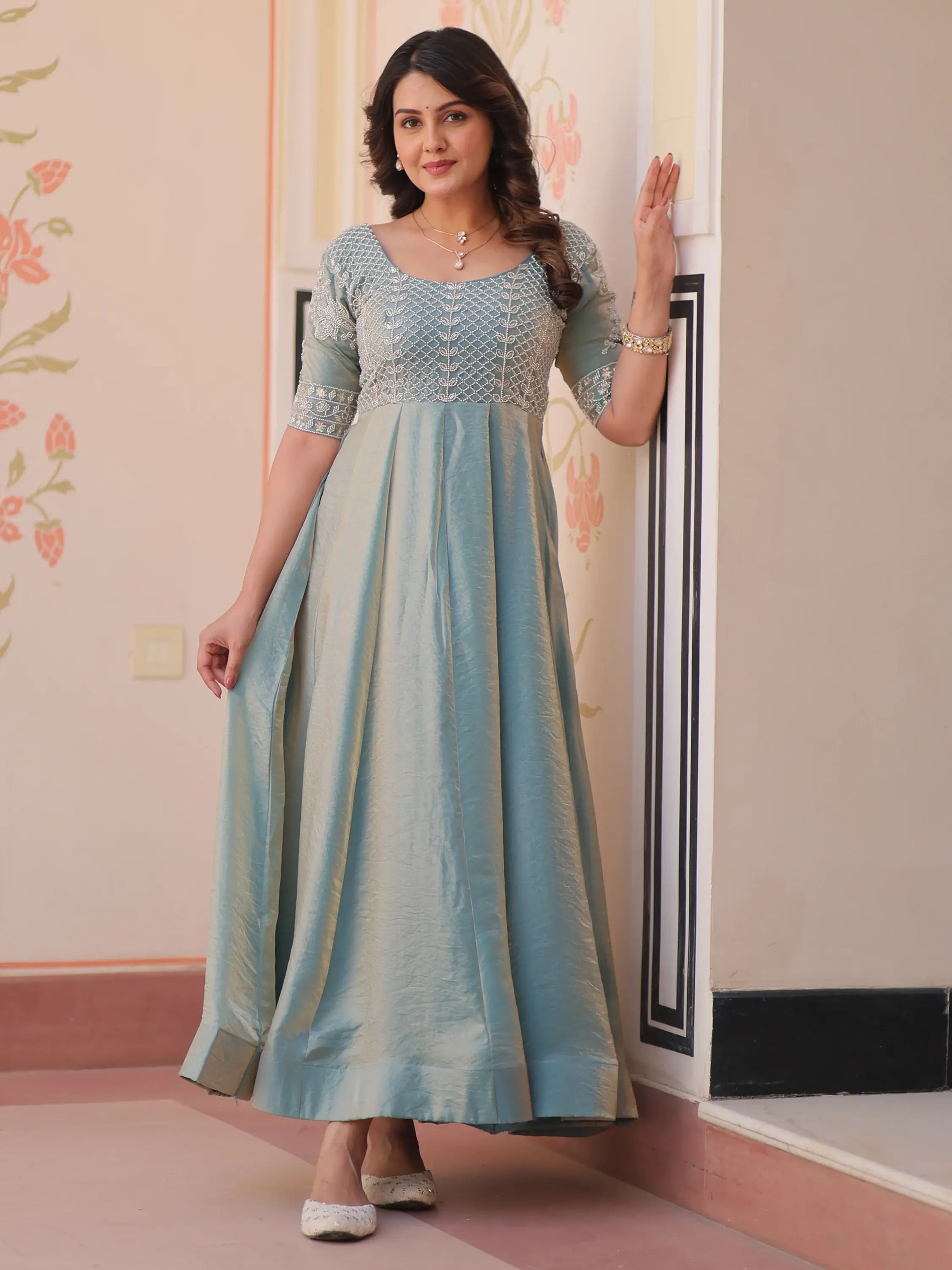 Lovable Sky-Blue Beads Work Organza Festival Wear Gown - Zeel Clothing