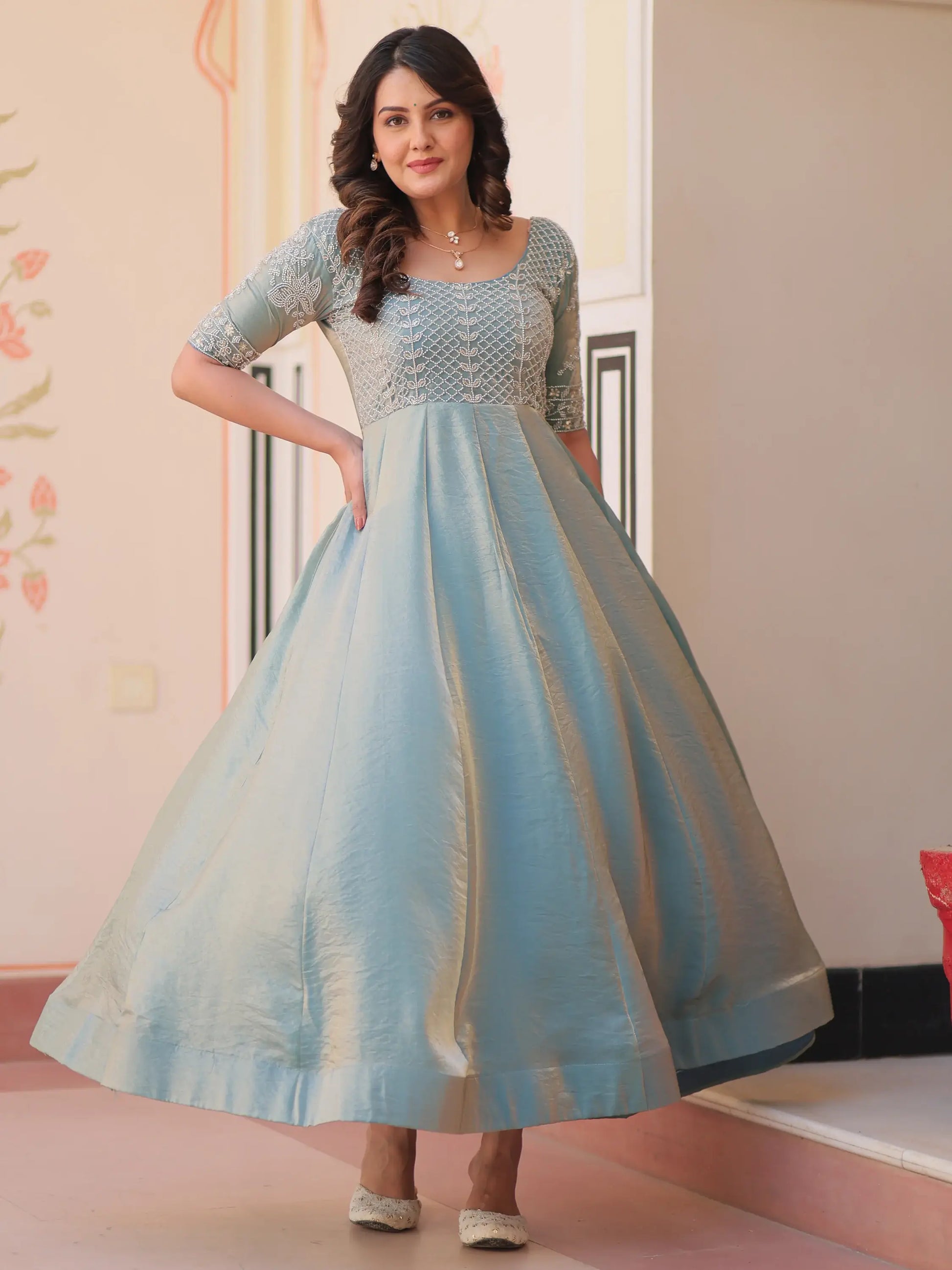 Lovable Sky-Blue Beads Work Organza Festival Wear Gown - Zeel Clothing