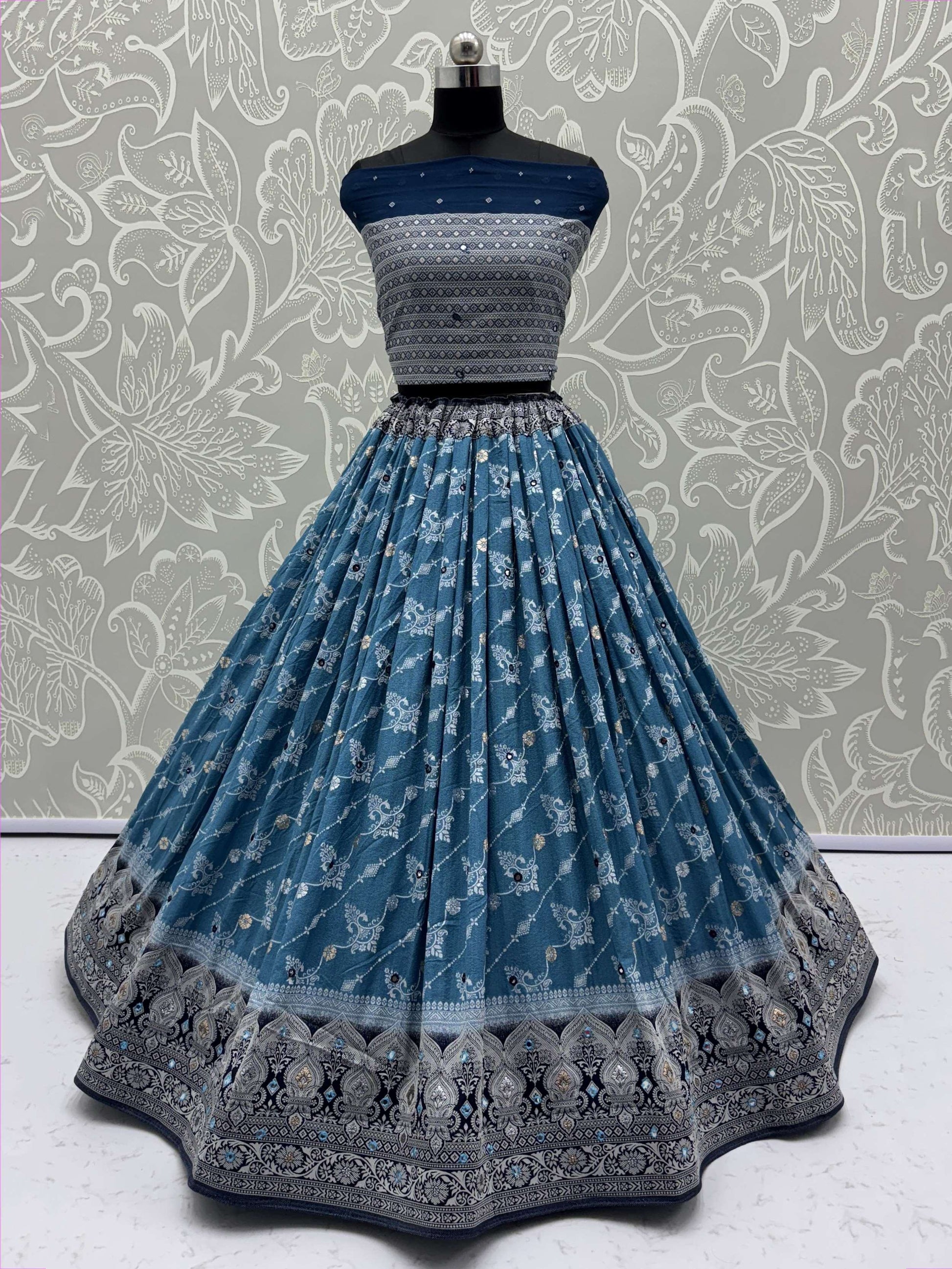 Lovable Sky Blue Zari Weaving Georgette Designer Lehenga Choli With Dupatta