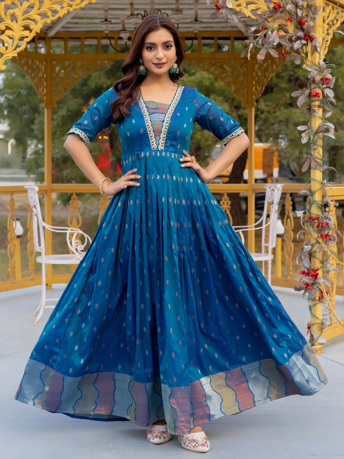 Lovable Teal Blue Zari Weaving Silk Event Wear Gown - Zeel Clothing