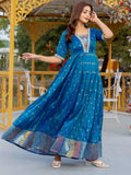 Lovable Teal Blue Zari Weaving Silk Event Wear Gown - Zeel Clothing