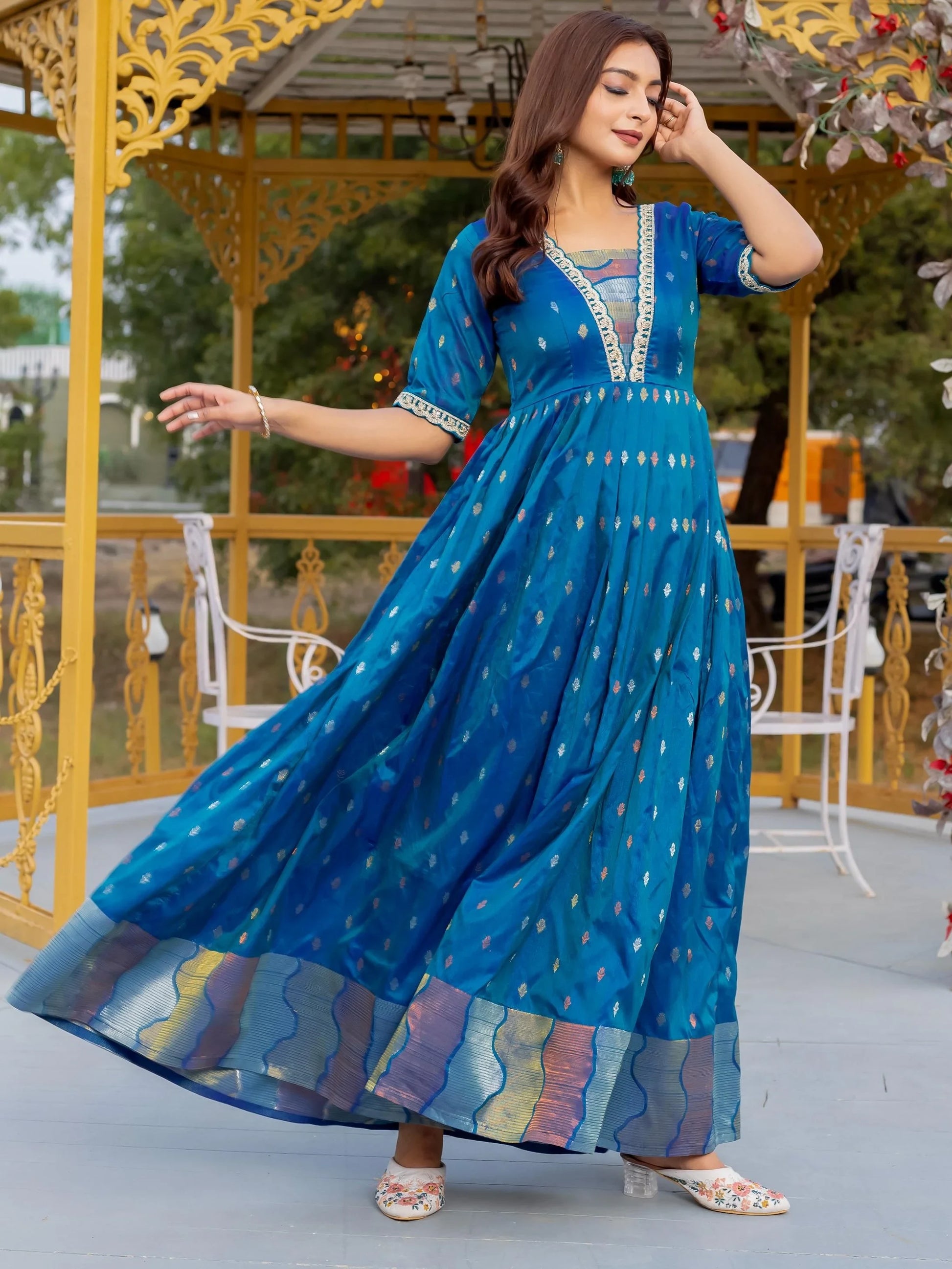 Lovable Teal Blue Zari Weaving Silk Event Wear Gown - Zeel Clothing