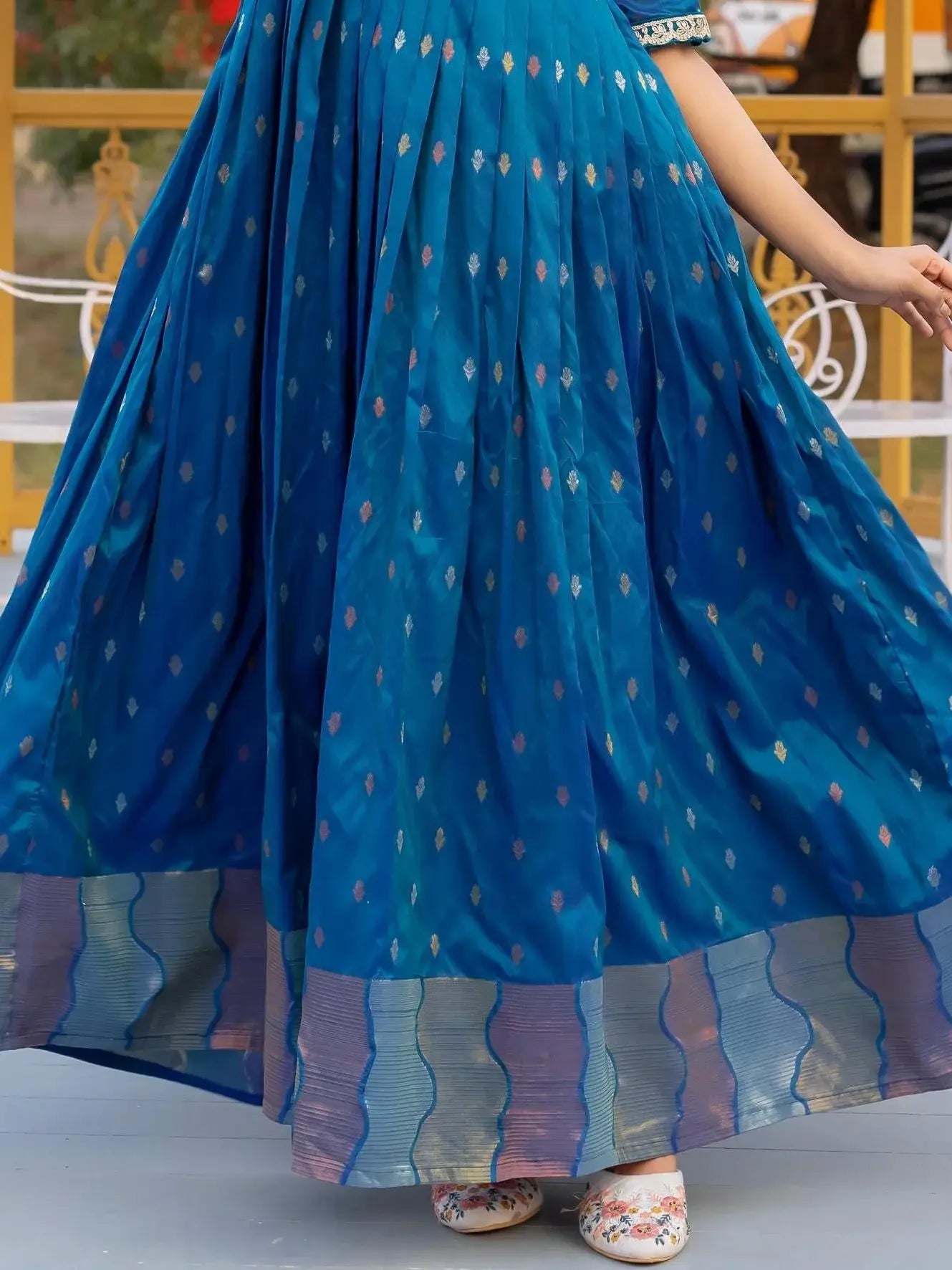 Lovable Teal Blue Zari Weaving Silk Event Wear Gown - Zeel Clothing