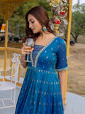 Lovable Teal Blue Zari Weaving Silk Event Wear Gown - Zeel Clothing