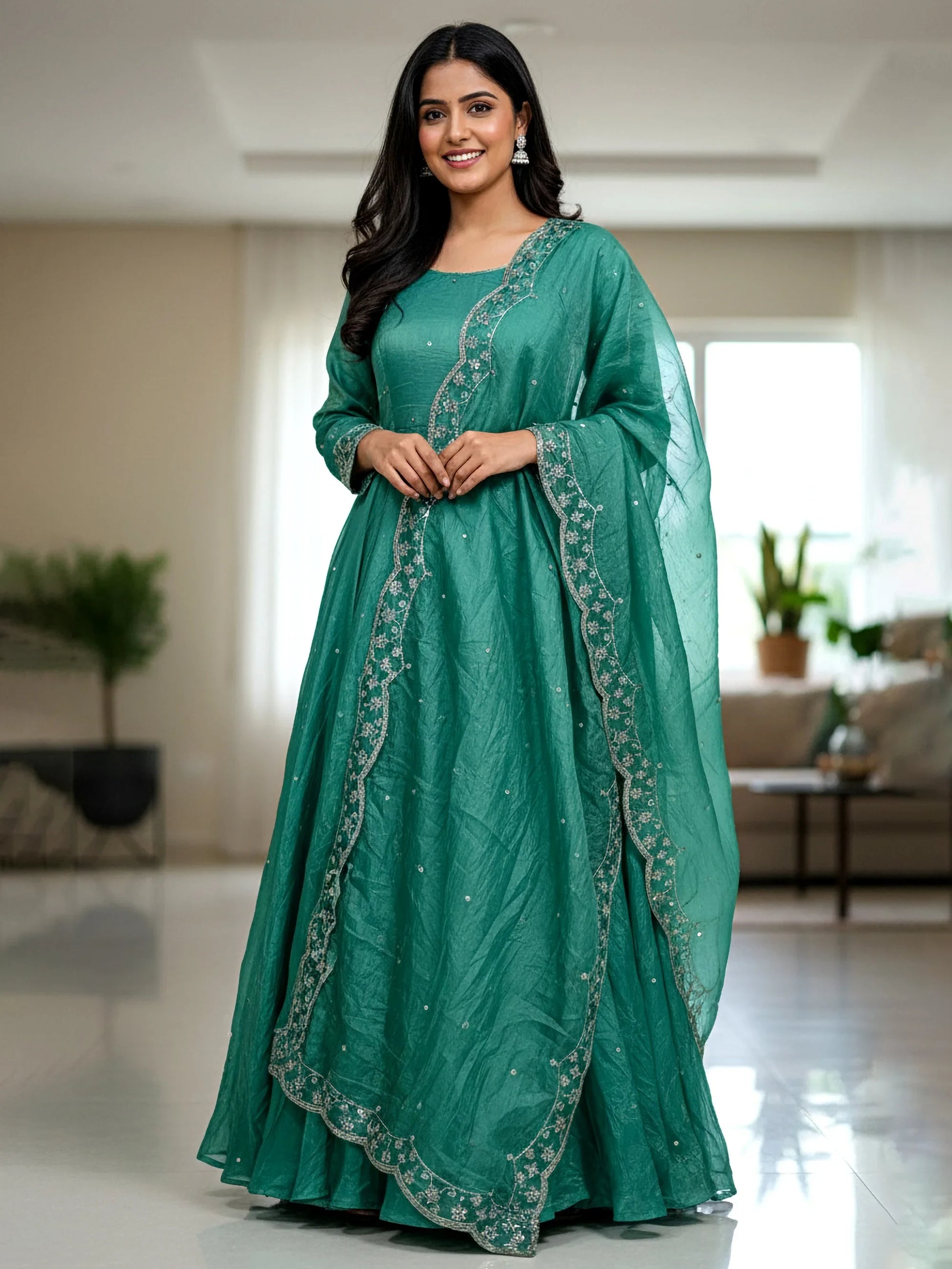 Lovable Teal Green Sequins Work Silk Traditional Gown With Dupatta