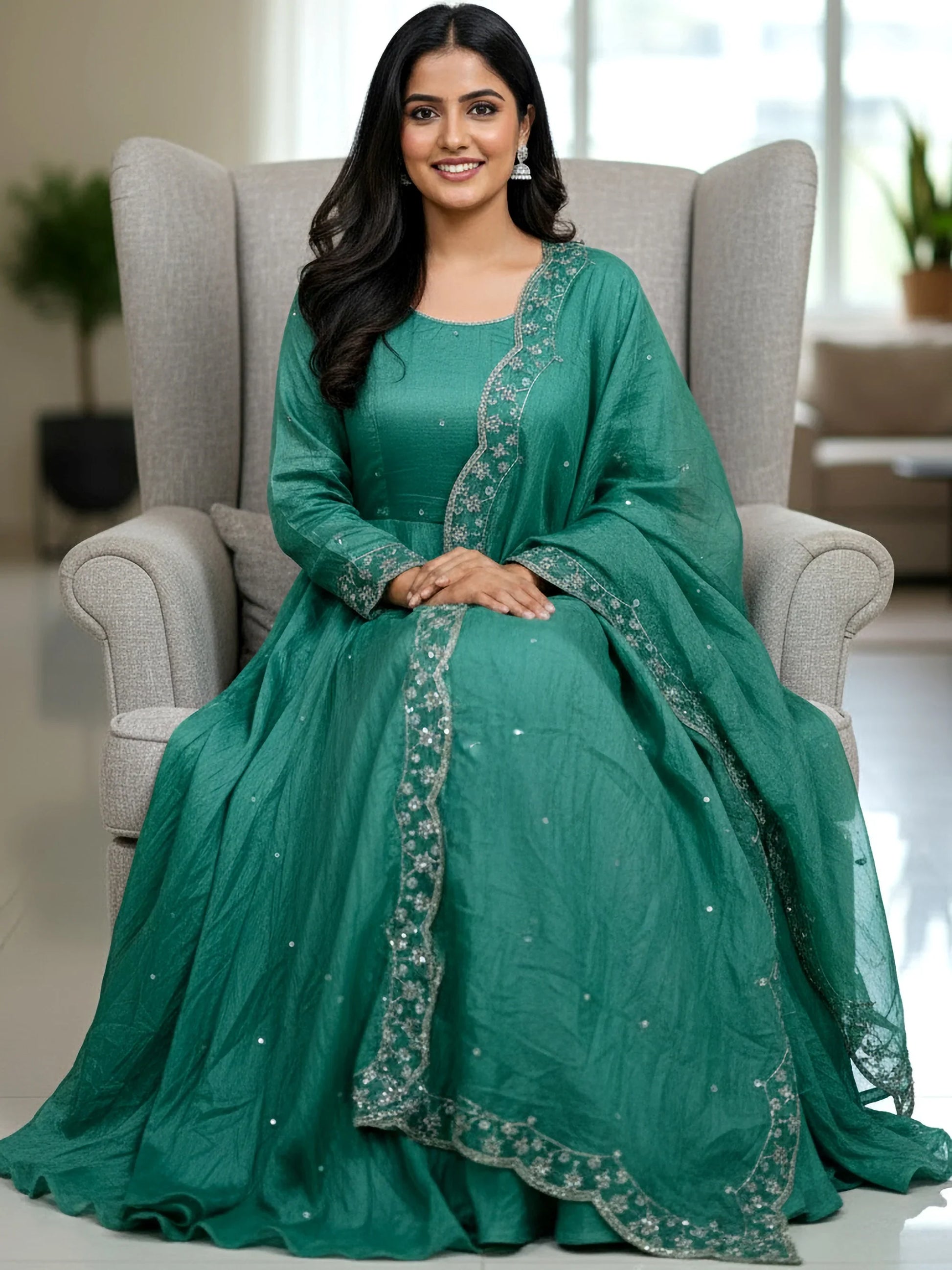 Lovable Teal Green Sequins Work Silk Traditional Gown With Dupatta