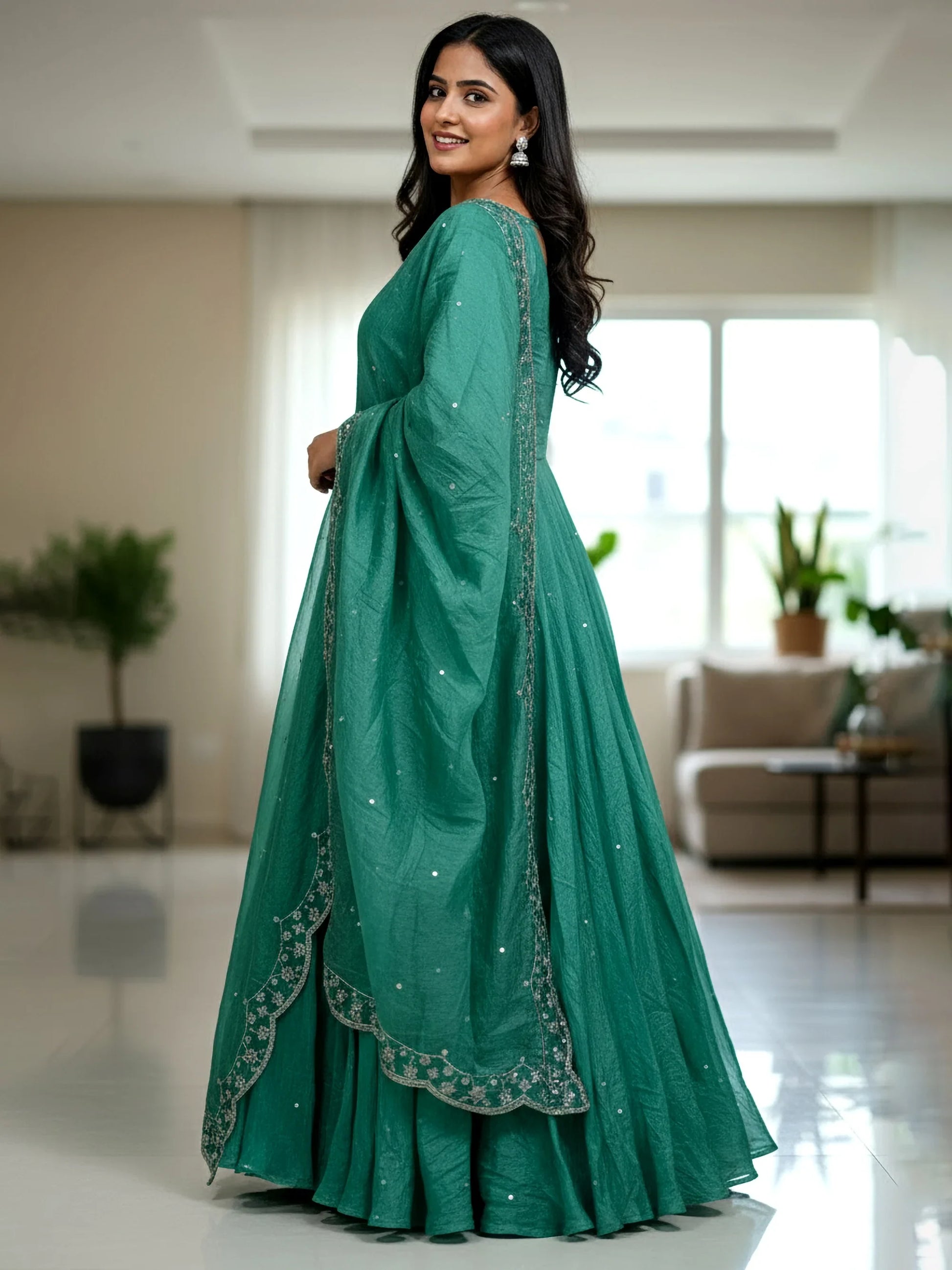Lovable Teal Green Sequins Work Silk Traditional Gown With Dupatta