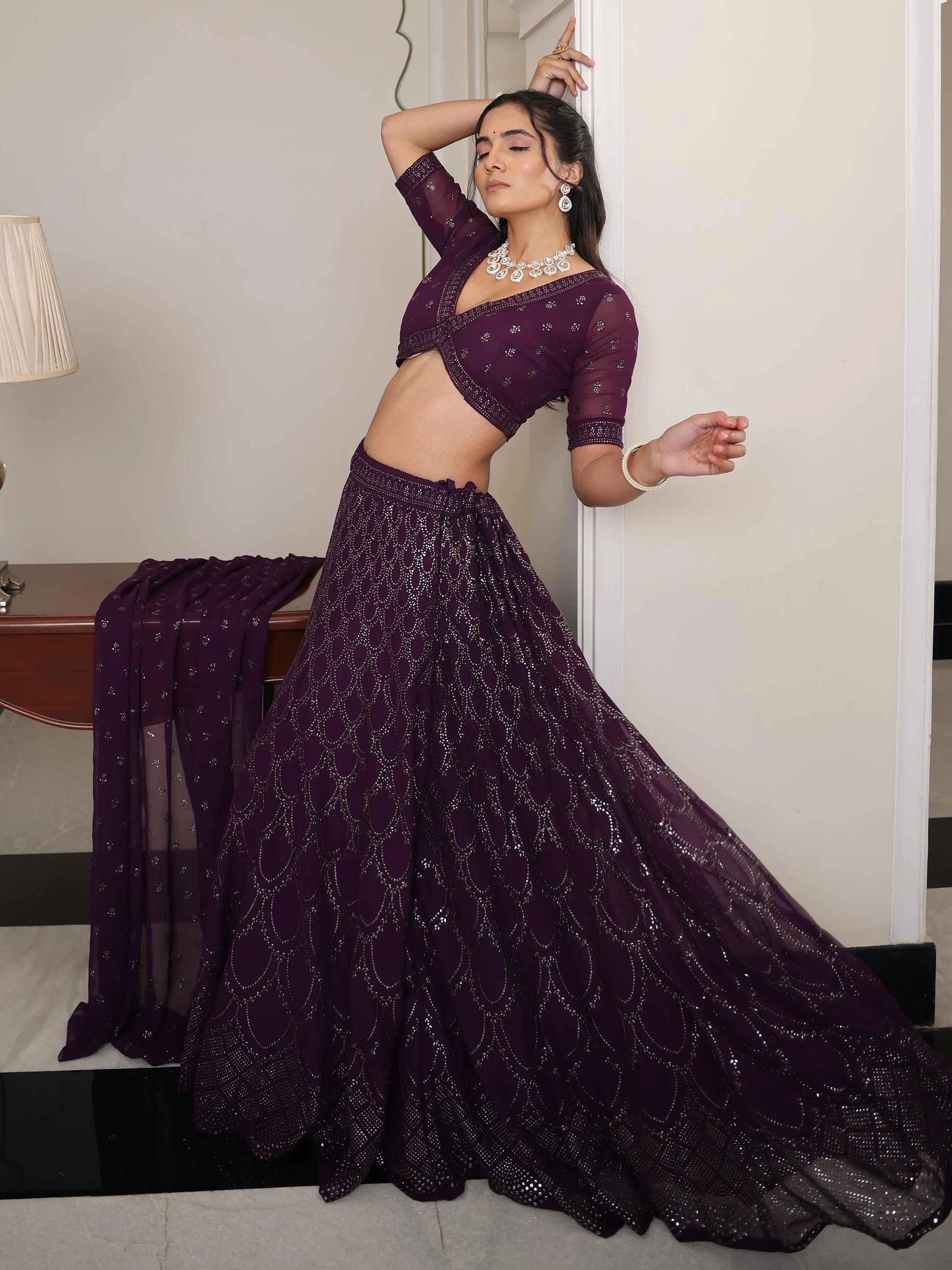 Lovable Wine Embroidered Party Wear Lehenga Choli With Dupatta - Zeel Clothing