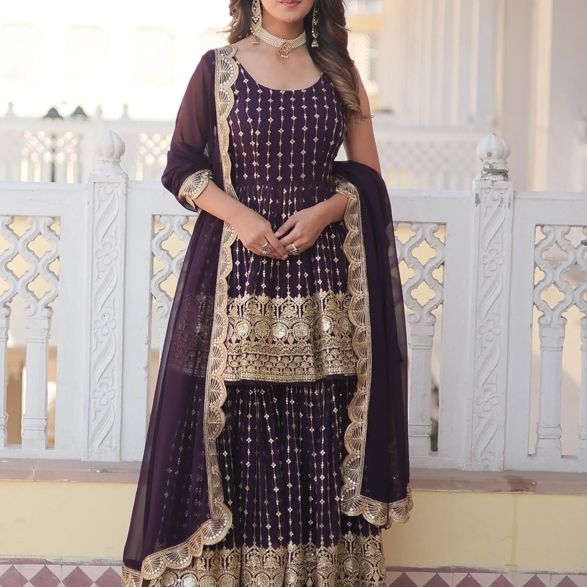 Lovable Wine Sequins Georgette Wedding Wear Sharara Suit - Zeel Clothing