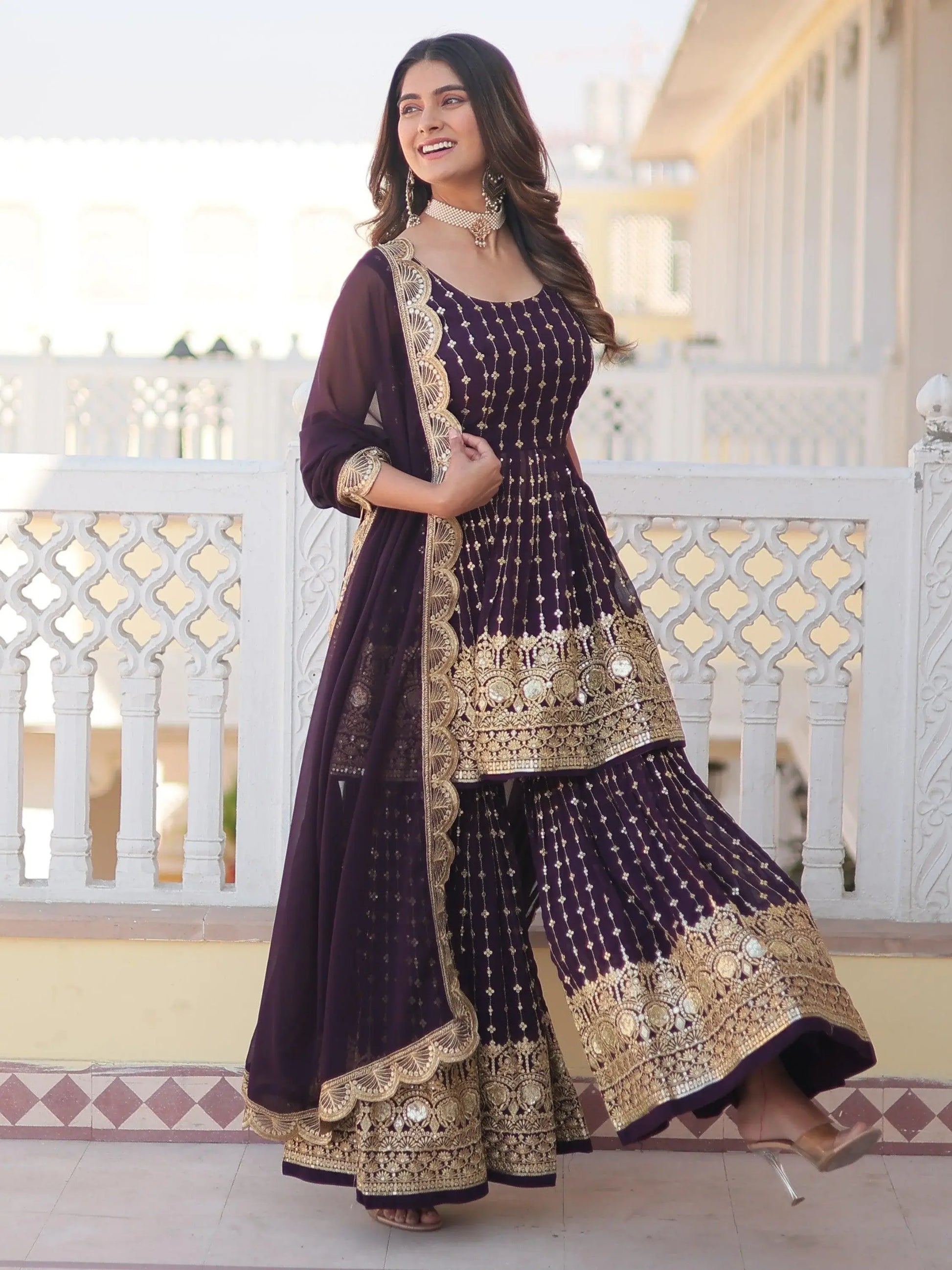 Lovable Wine Sequins Georgette Wedding Wear Sharara Suit - Zeel Clothing