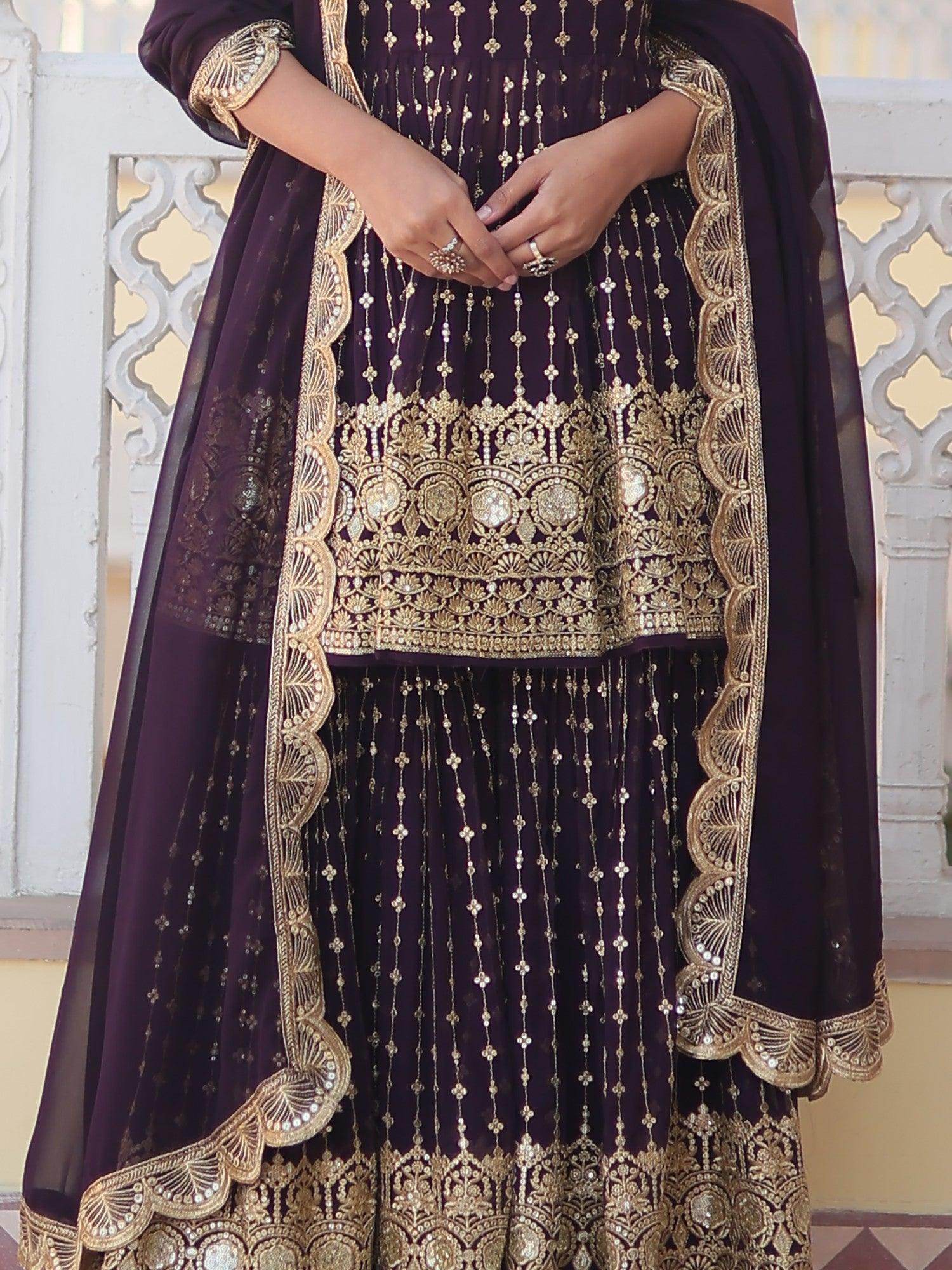 Lovable Wine Sequins Georgette Wedding Wear Sharara Suit - Zeel Clothing