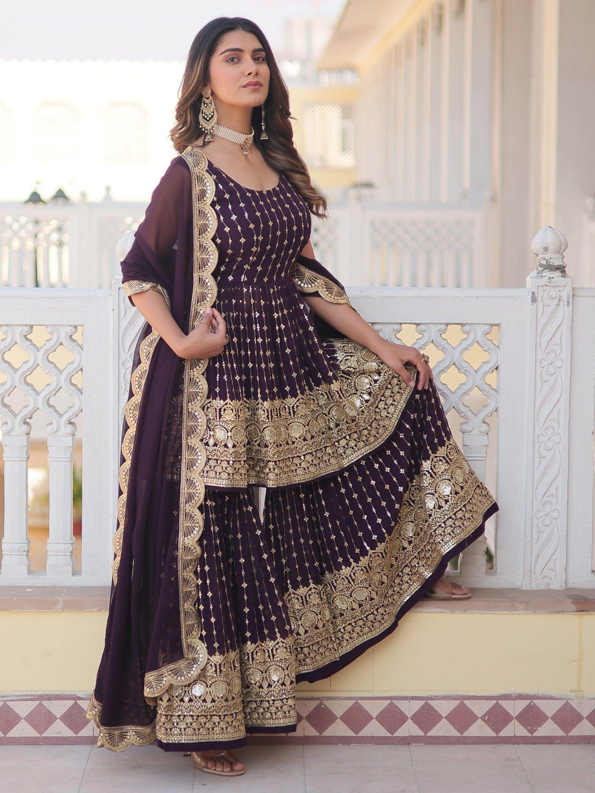 Lovable Wine Sequins Georgette Wedding Wear Sharara Suit - Zeel Clothing