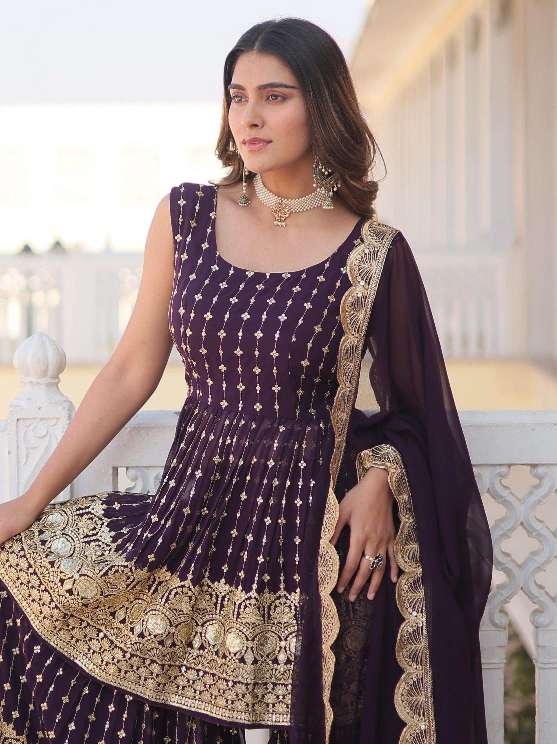 Lovable Wine Sequins Georgette Wedding Wear Sharara Suit - Zeel Clothing
