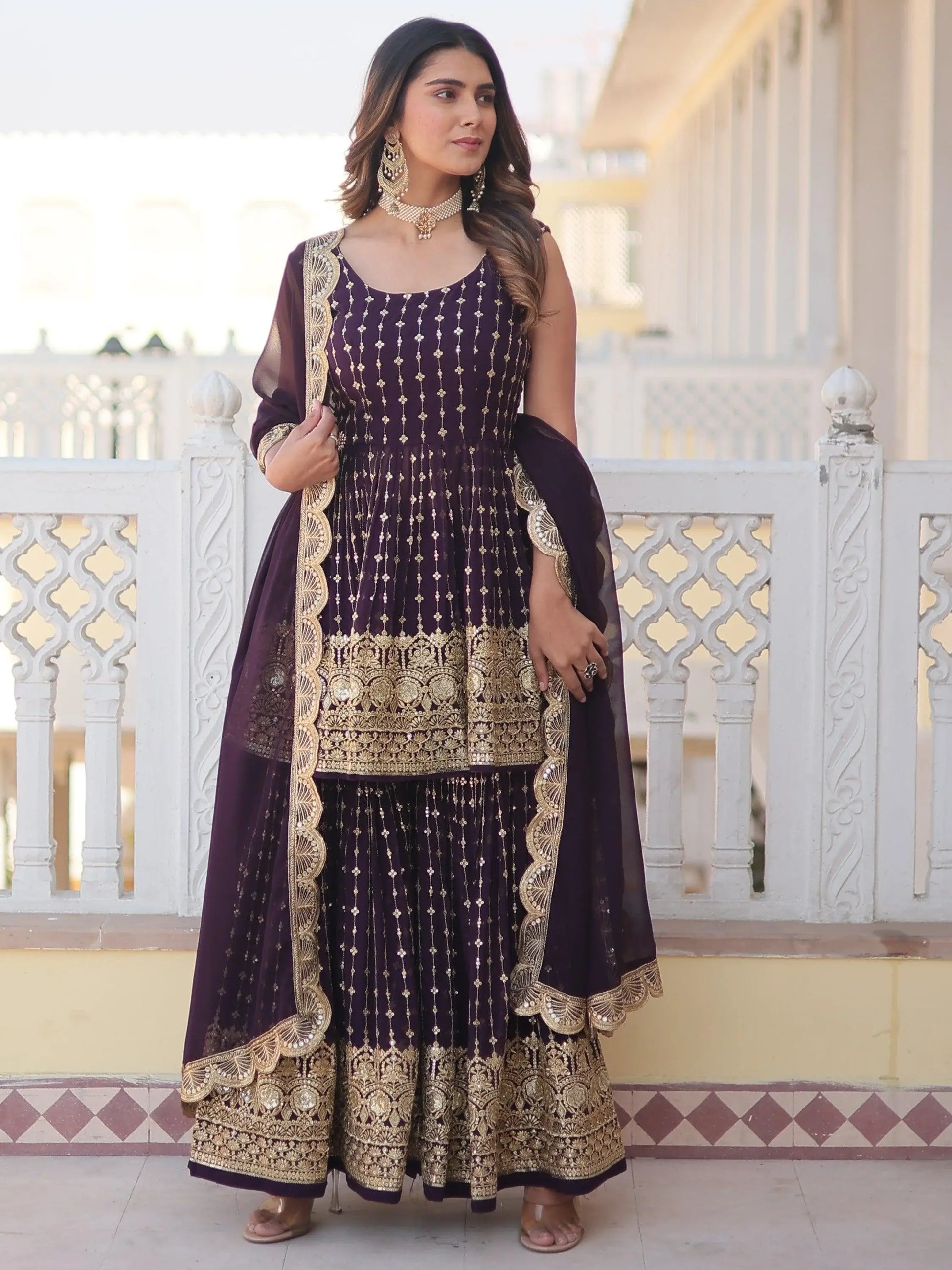 Lovable Wine Sequins Georgette Wedding Wear Sharara Suit - Zeel Clothing