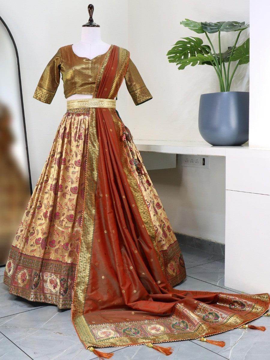 Lovely Beige And Green Zari Woven Paithani Silk Lehenga Choli - Zeel Clothing