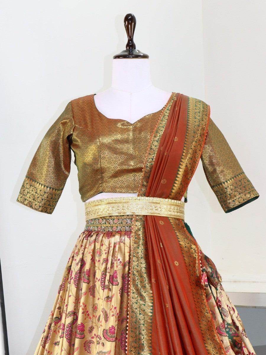 Lovely Beige And Green Zari Woven Paithani Silk Lehenga Choli - Zeel Clothing