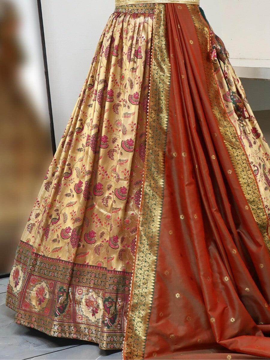 Lovely Beige And Green Zari Woven Paithani Silk Lehenga Choli - Zeel Clothing