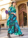 Lovely Black And Blue Digital Printed Satin Party Wear Saree With Blouse - Zeel Clothing