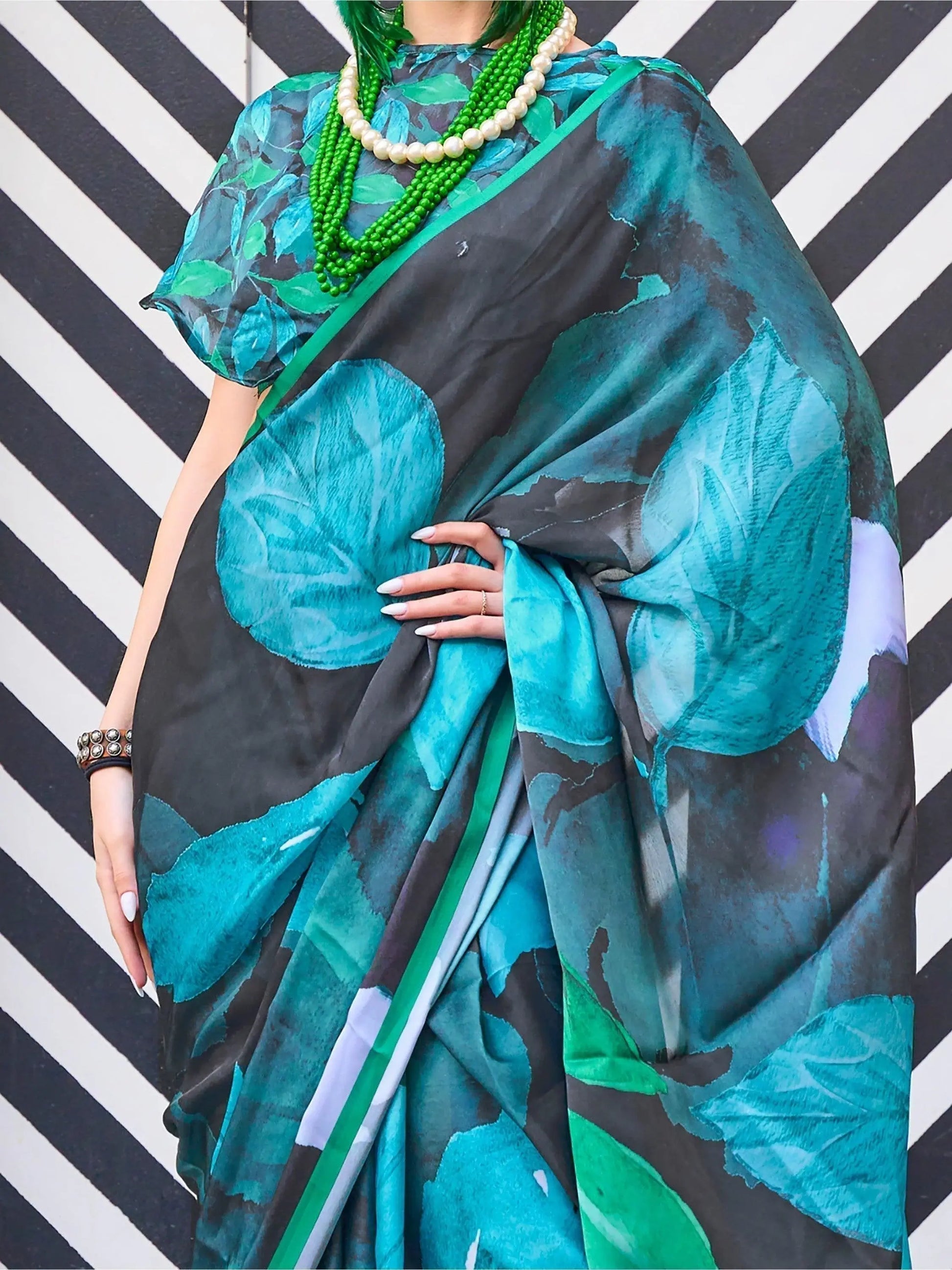 Lovely Black And Blue Digital Printed Satin Party Wear Saree With Blouse - Zeel Clothing