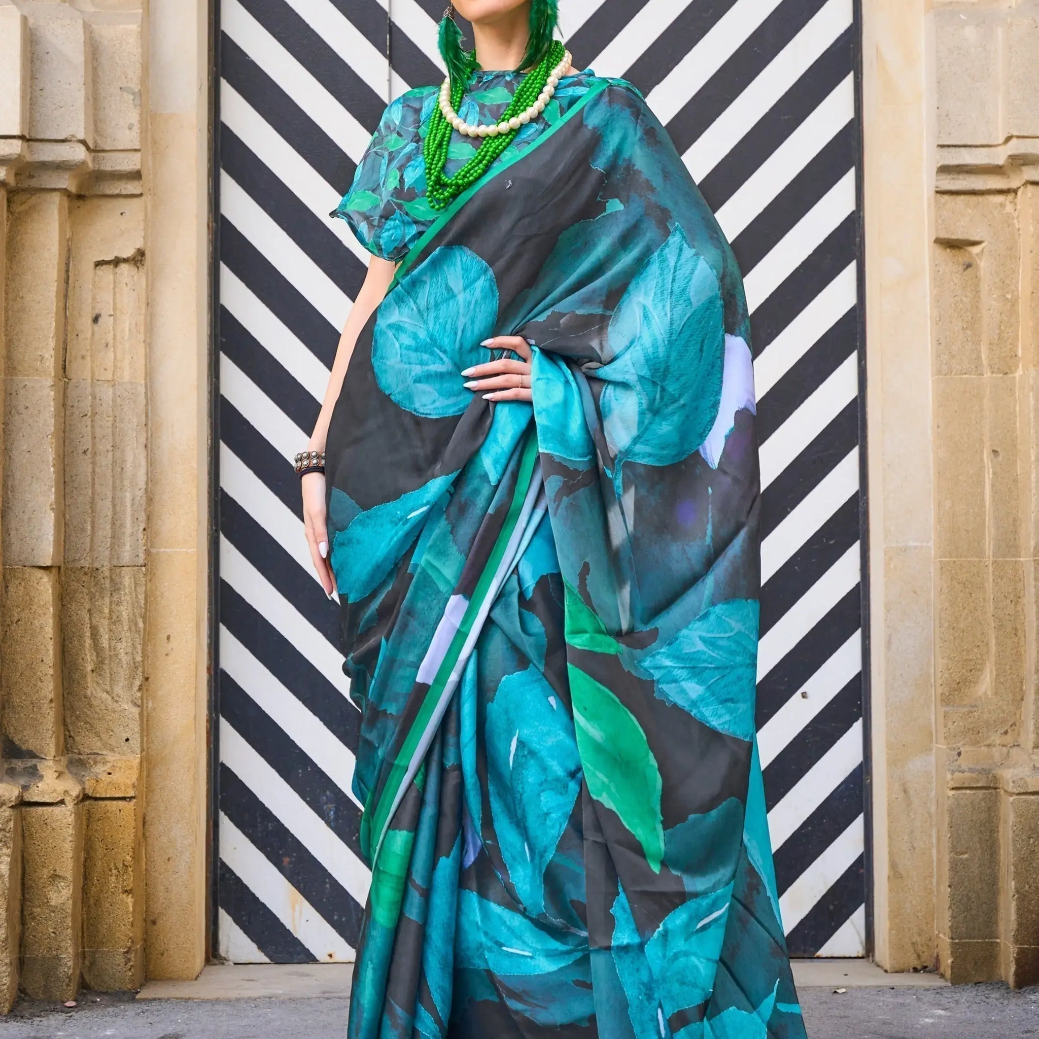 Lovely Black And Blue Digital Printed Satin Party Wear Saree With Blouse - Zeel Clothing