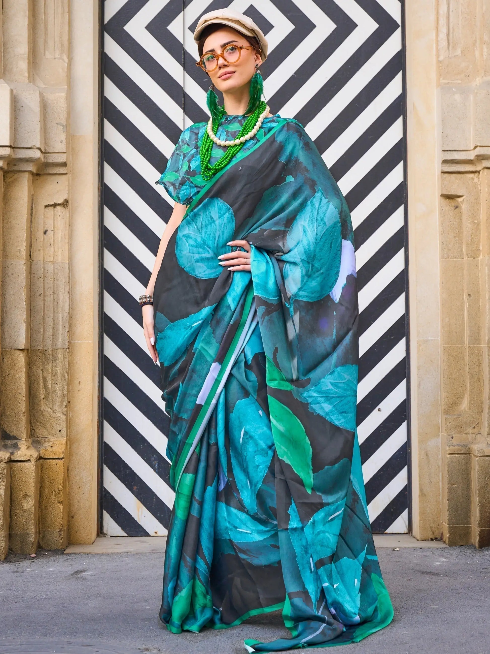 Lovely Black And Blue Digital Printed Satin Party Wear Saree With Blouse - Zeel Clothing