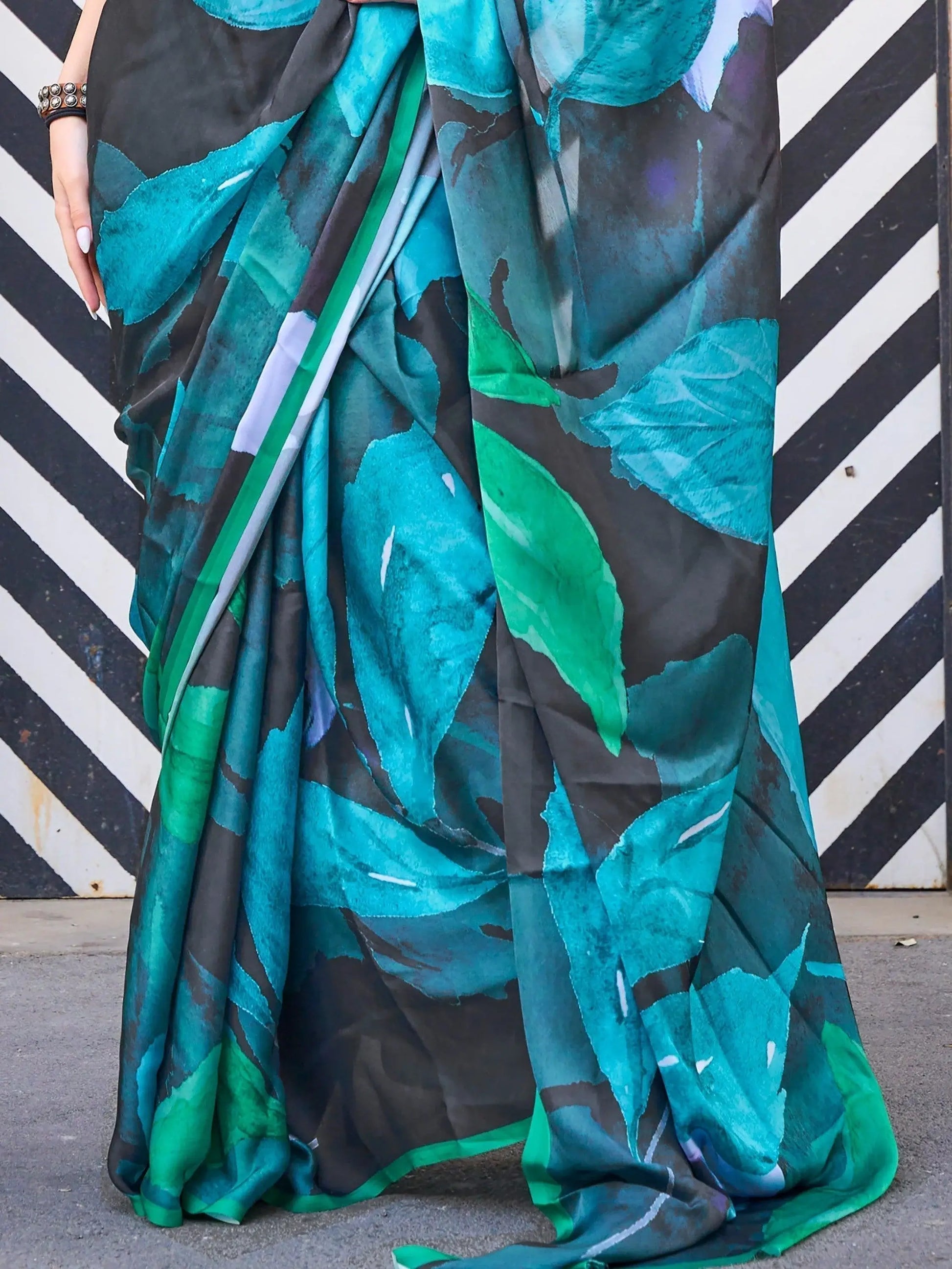 Lovely Black And Blue Digital Printed Satin Party Wear Saree With Blouse - Zeel Clothing