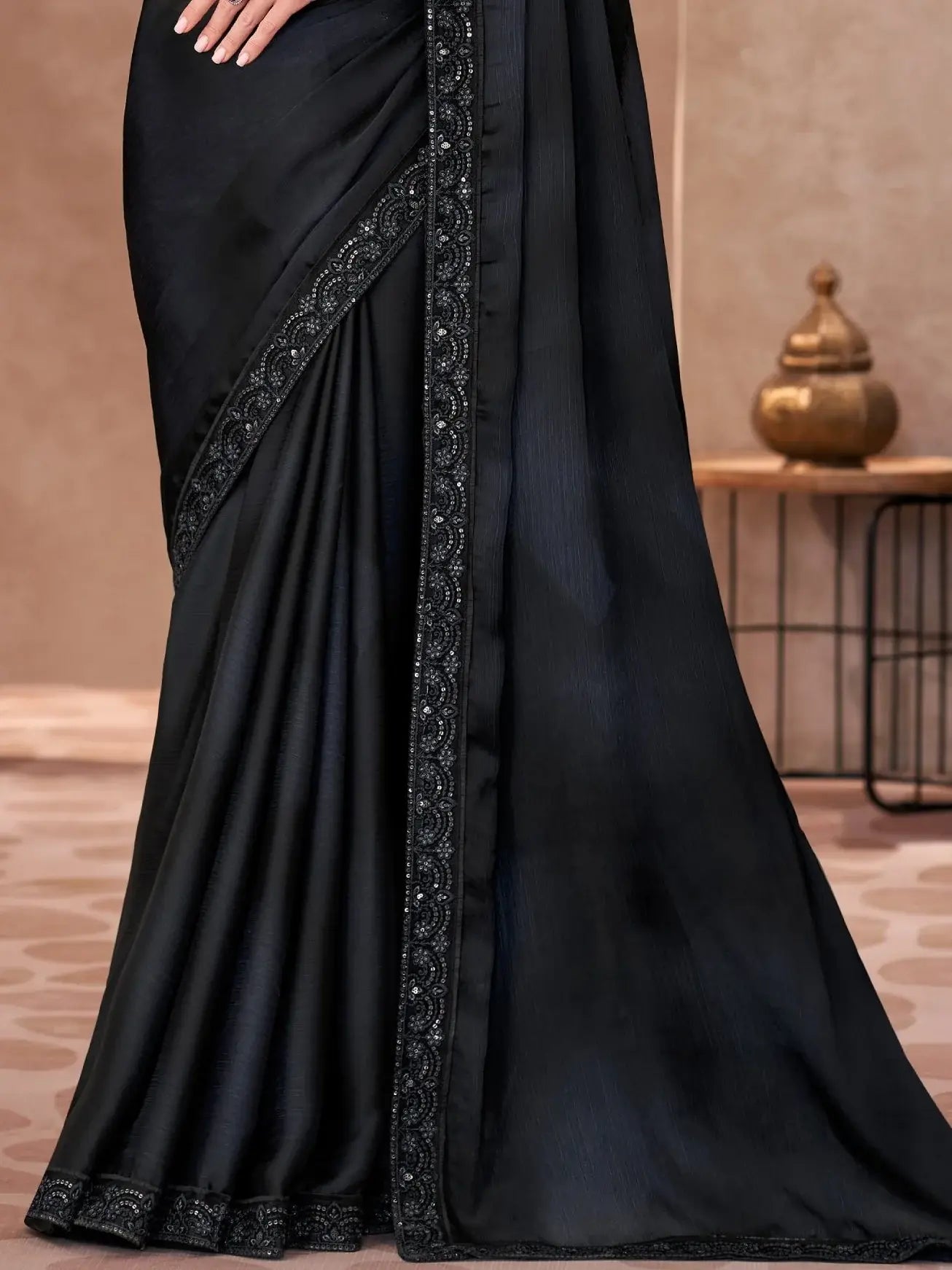 Lovely Black Embroidery Border Work Chiffon Party Wear Saree With Blouse - Zeel Clothing