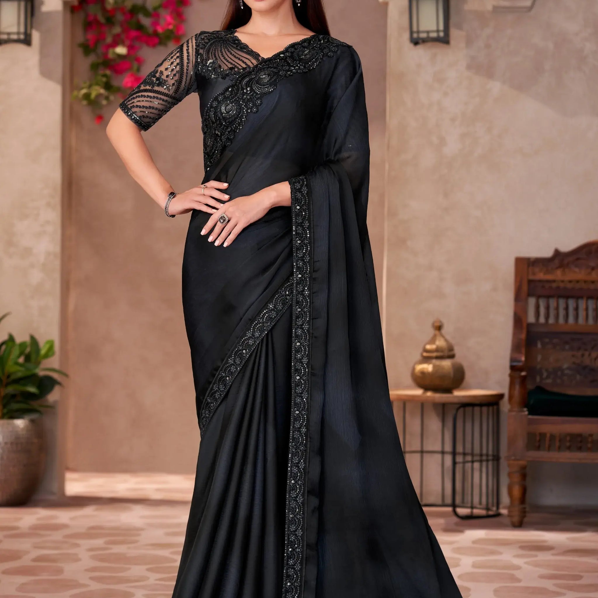 Lovely Black Embroidery Border Work Chiffon Party Wear Saree With Blouse - Zeel Clothing