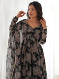 Lovely Black Floral Printed Georgette Anarkali Pant Suit With Dupatta - Zeel Clothing