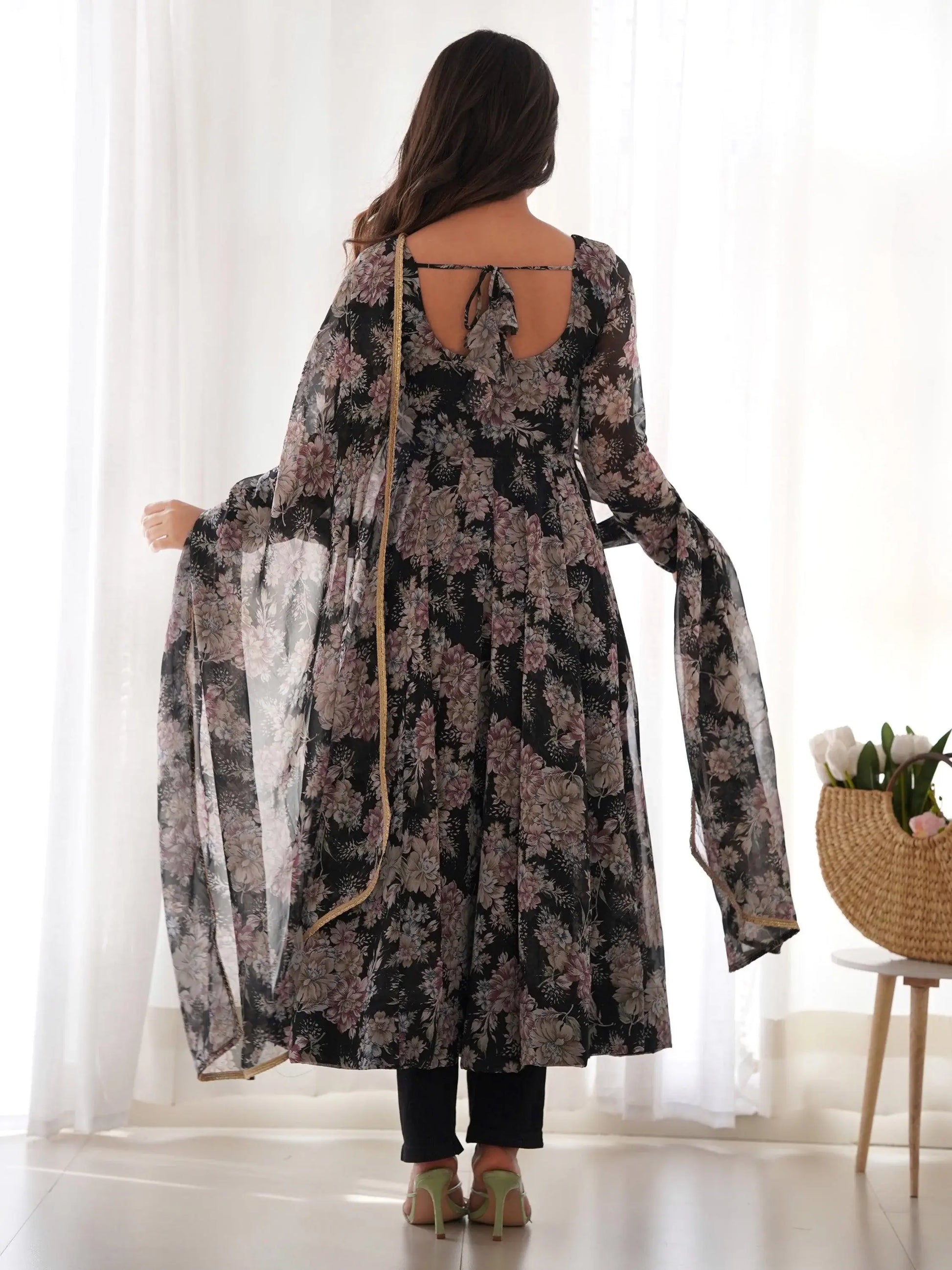 Lovely Black Floral Printed Georgette Anarkali Pant Suit With Dupatta - Zeel Clothing