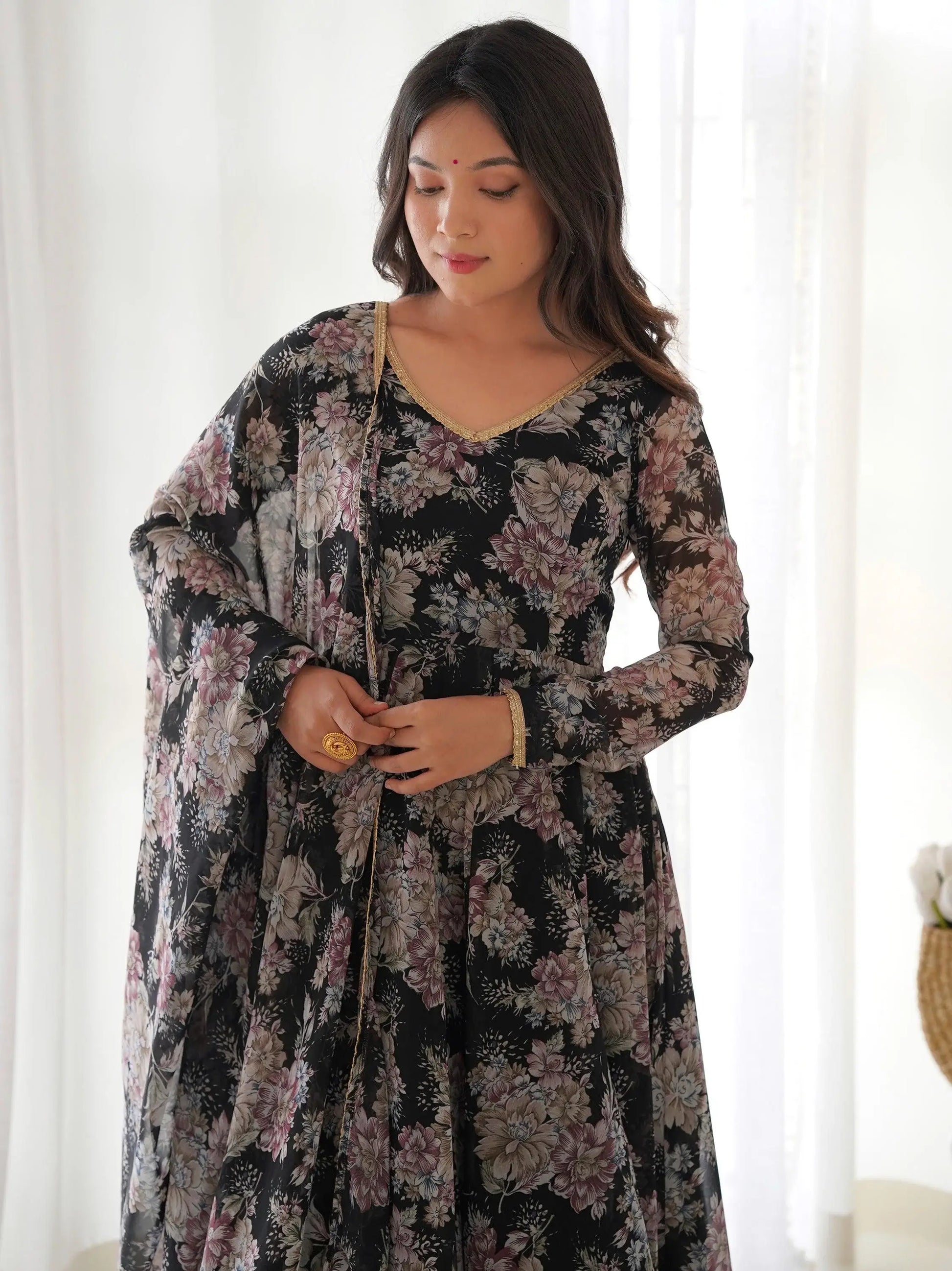 Lovely Black Floral Printed Georgette Anarkali Pant Suit With Dupatta - Zeel Clothing