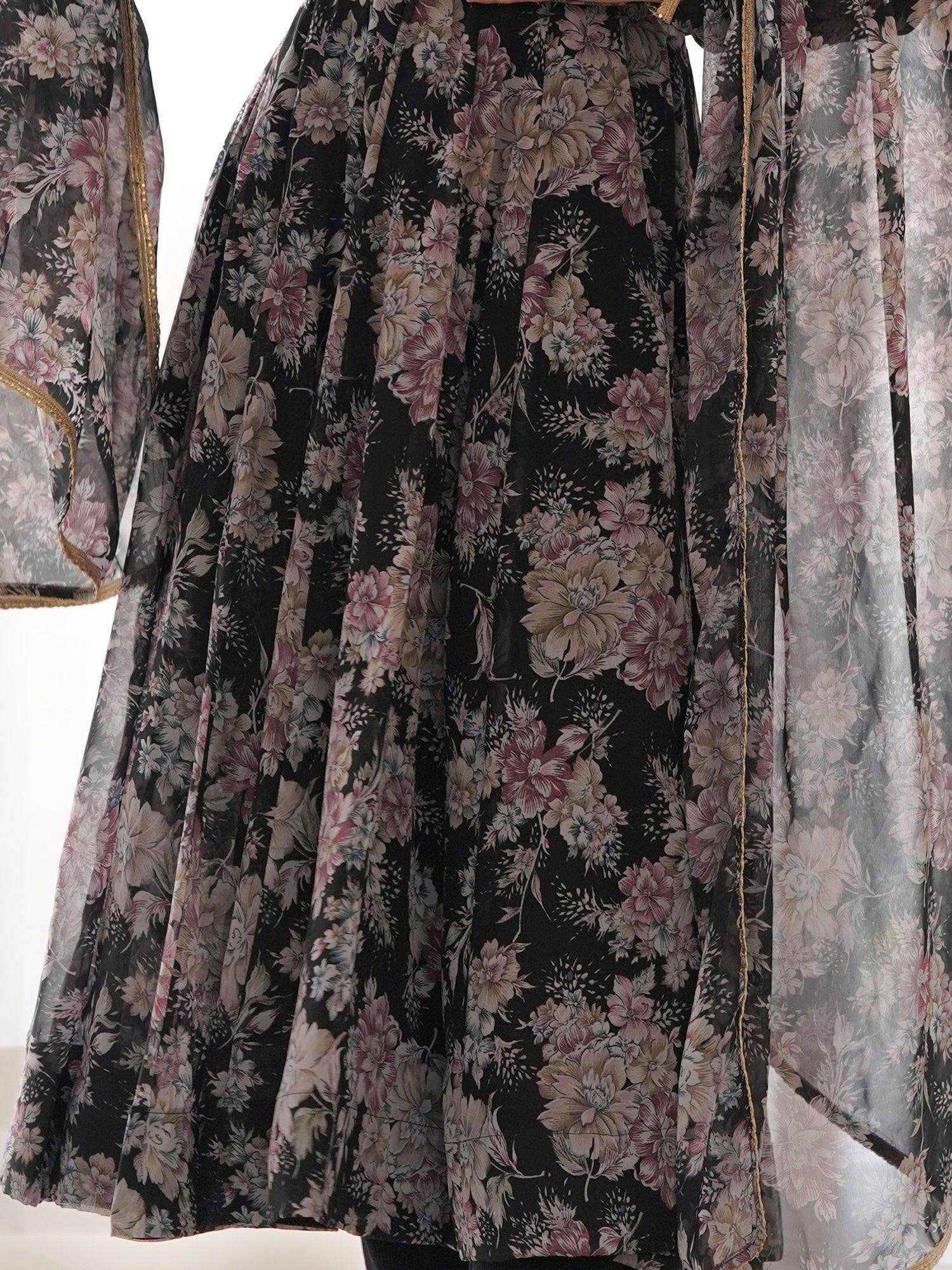 Lovely Black Floral Printed Georgette Anarkali Pant Suit With Dupatta - Zeel Clothing