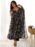 Lovely Black Floral Printed Georgette Anarkali Pant Suit With Dupatta - Zeel Clothing