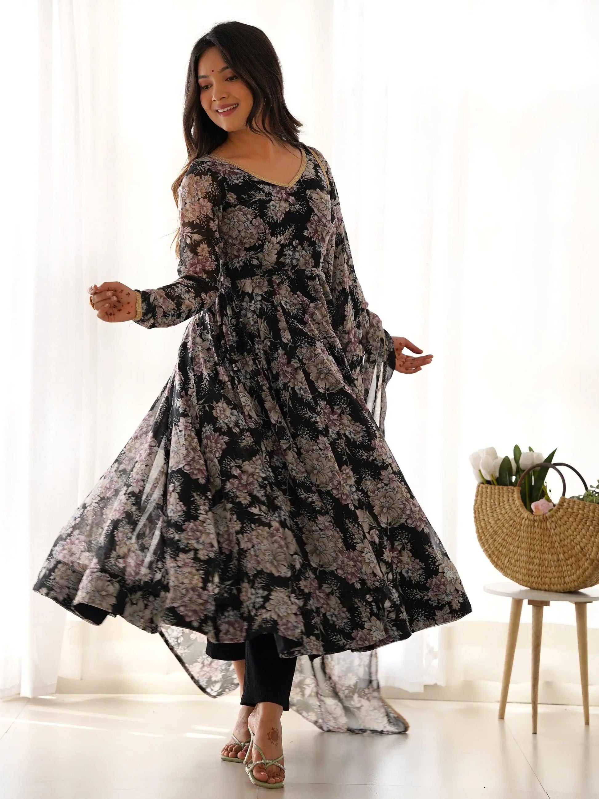 Lovely Black Floral Printed Georgette Anarkali Pant Suit With Dupatta - Zeel Clothing