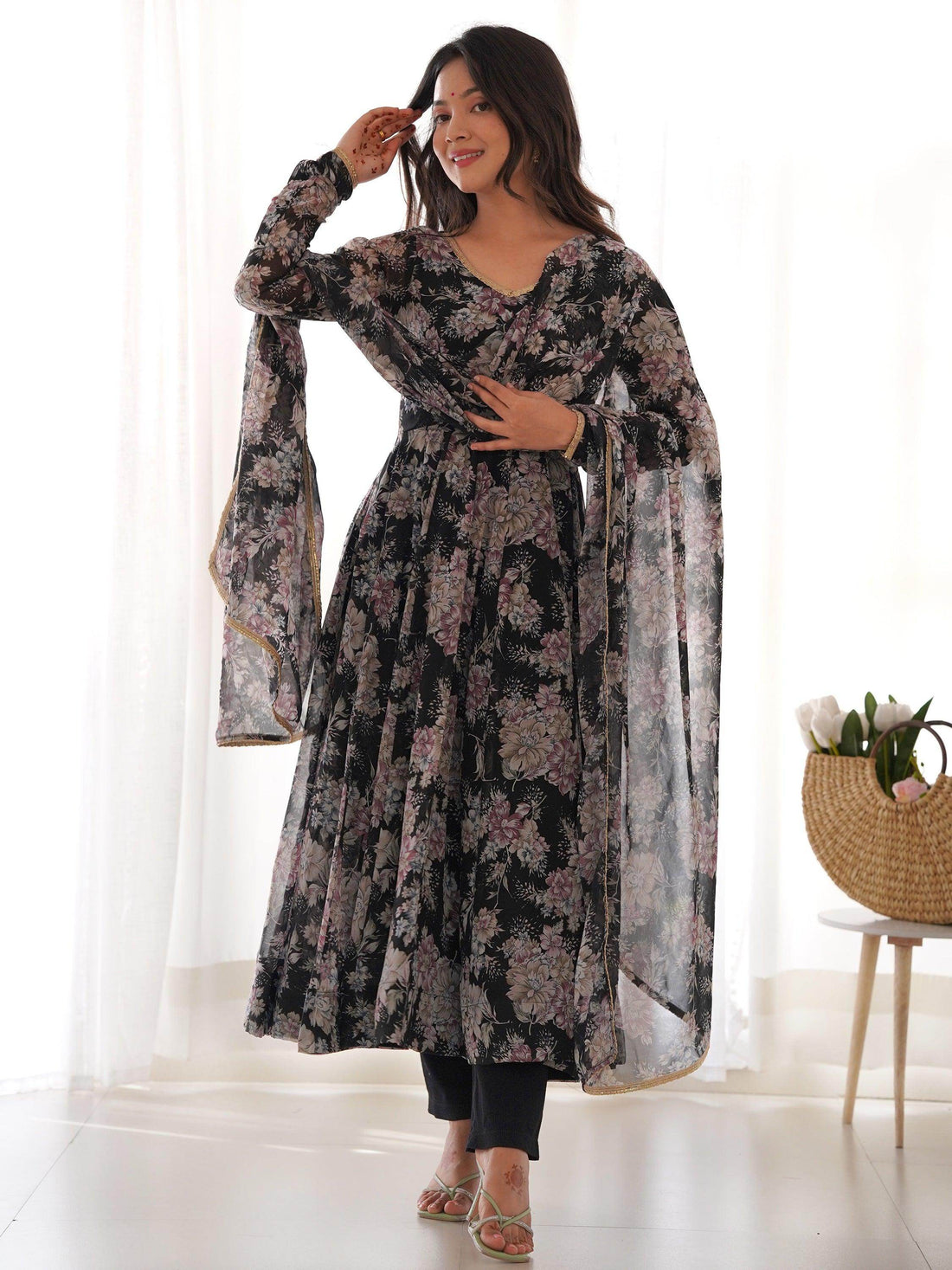 Lovely Black Floral Printed Georgette Anarkali Pant Suit With Dupatta - Zeel Clothing