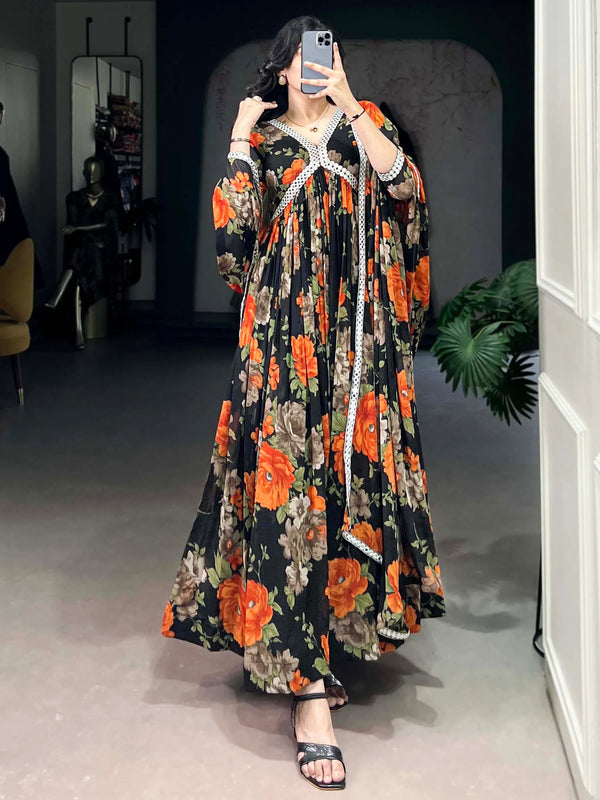 Lovely Black Floral Printed Georgette Casual Wear Gown With Dupatta - Zeel Clothing